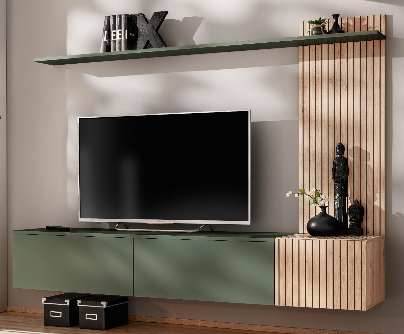 Furn.Design Wohnwand Madina, (TV-Schrank in Grün mit Eiche Artisan, Breite 180 cm, TV bis ca. 70), mit Push-To-Open und Soft-Close