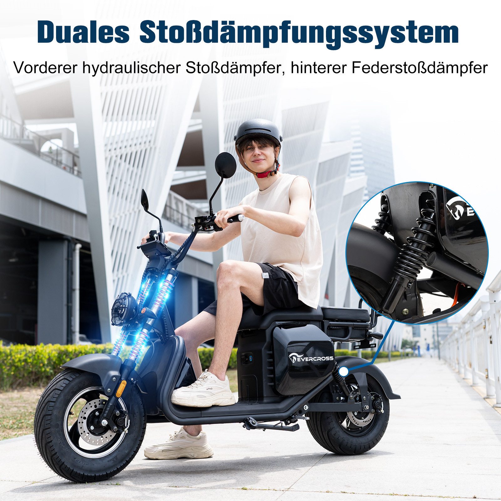 EVERCROSS TECH E-Motorroller 702, 60V-30Ah Lithium, Schwarz, 2000 Watt, 85KM, 45 km/h, 2000,00 W, 45 km/h, LED-Anzeige, Blinker, Funkschlüssel, Alarmanlage, Doppelstoßdämpfer