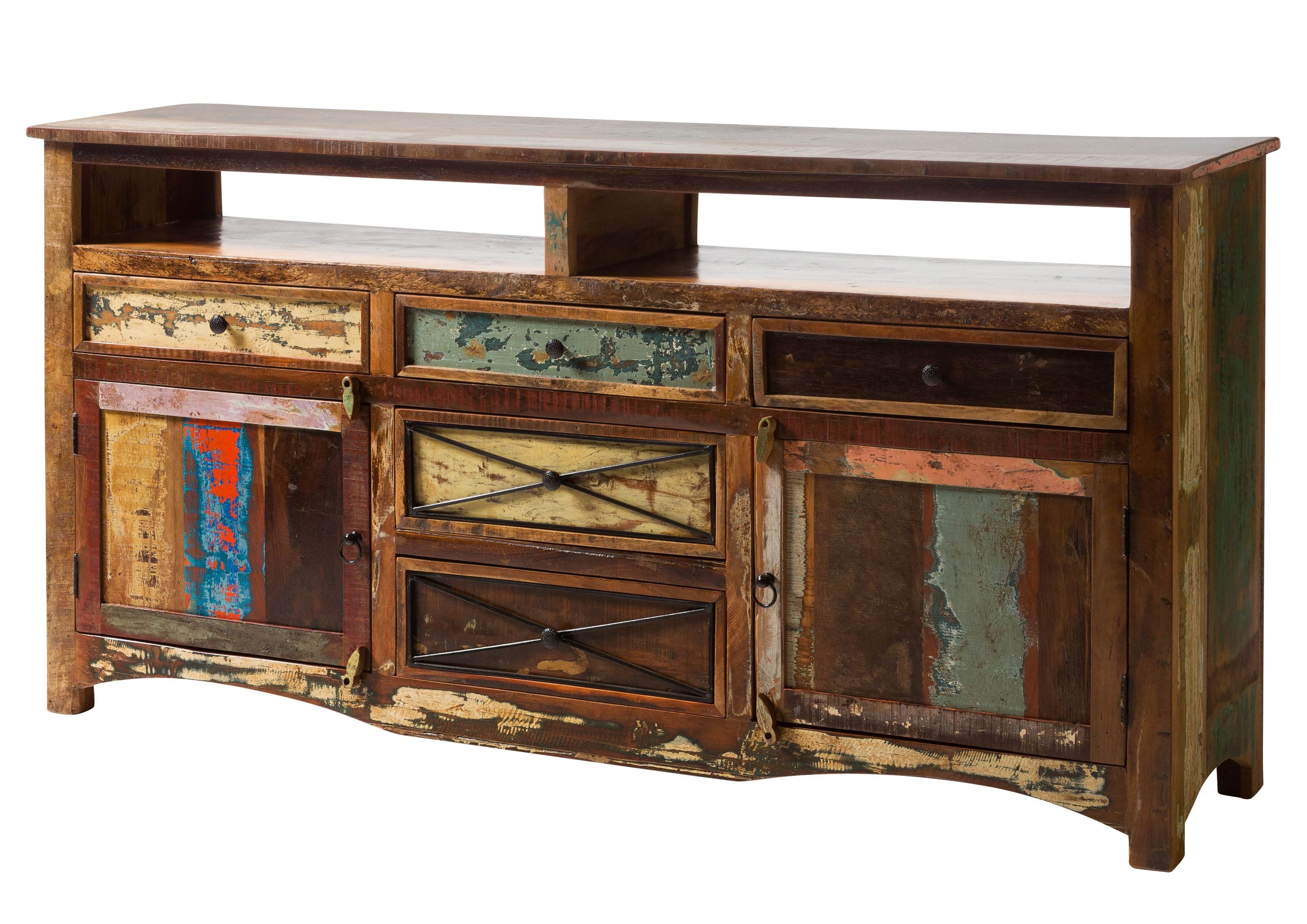 Massivmoebel24 Sideboard NATURE OF SPIRIT Altholz Massivholz mehrfarbig (Massivholz montiert 100 kg NATURE OF SPIRIT #131), Altholz 190x45x95 cm (BxTxH) mehrfarbig lackiert