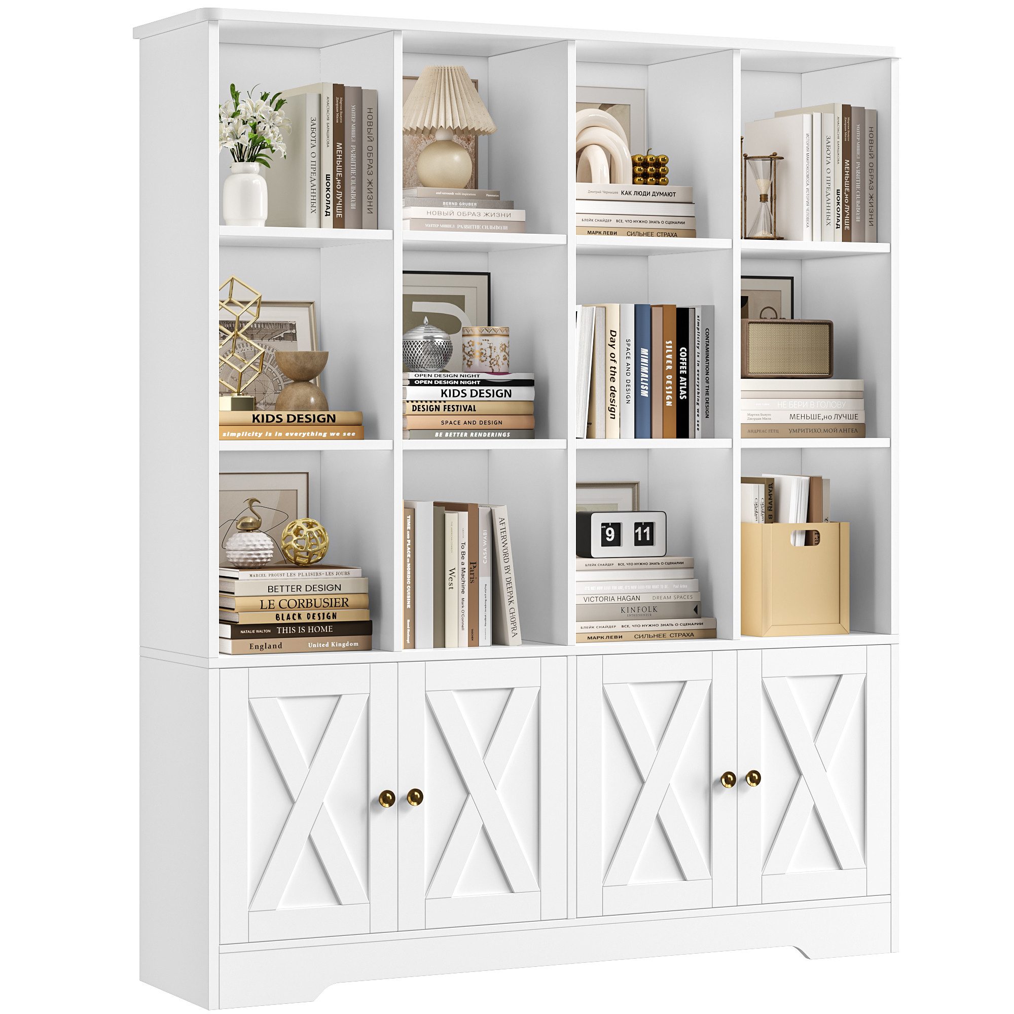 Homfa Bücherregal Standregal Bücherschrank für Kinder und Jugendliche, Bücherregal mit 12 offenen Fächern und 4 Türen Holz 144,8x121x29,8cm