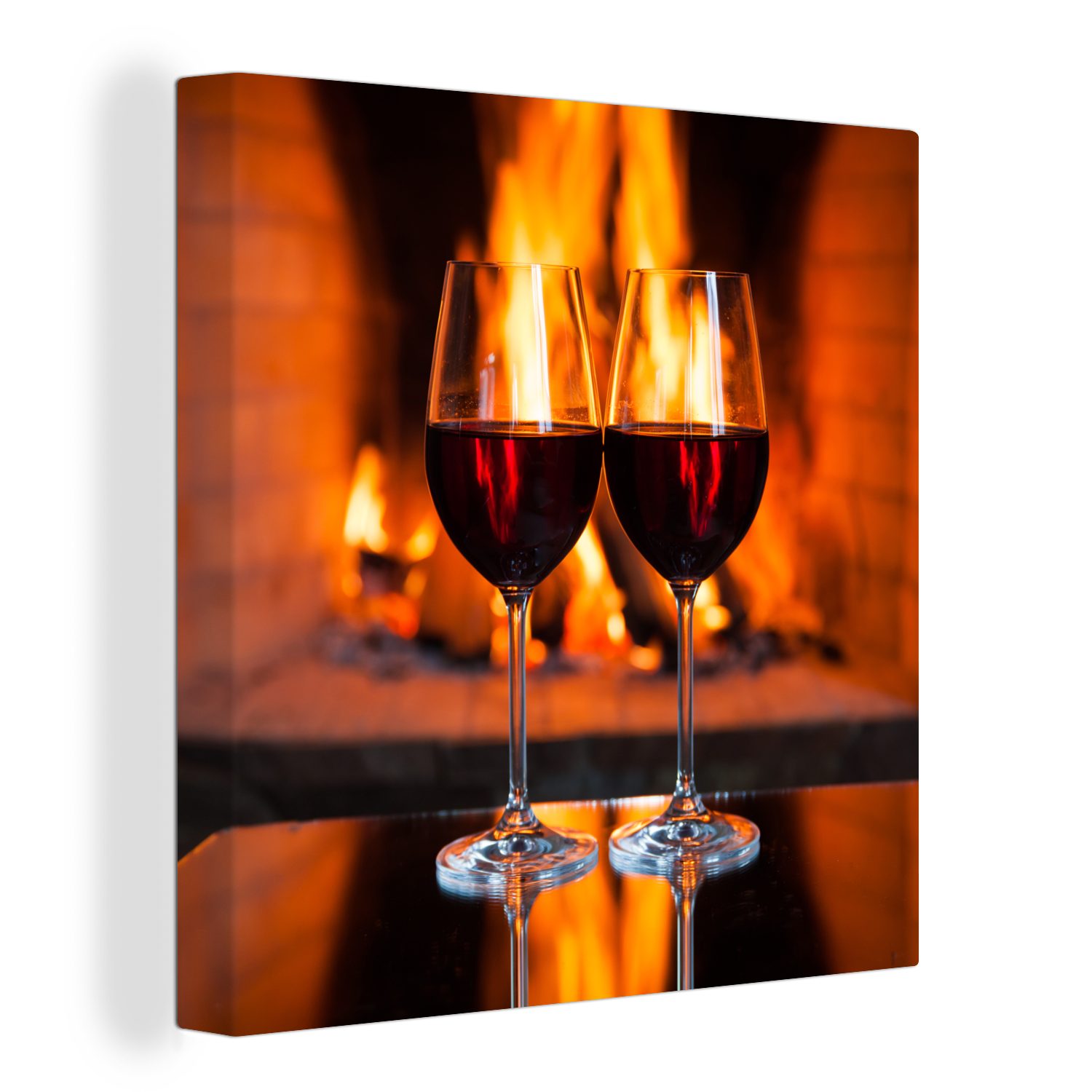 OneMillionCanvasses® Leinwandbild Zwei Gläser Rotwein am offenen Feuer, Fot günstig online kaufen
