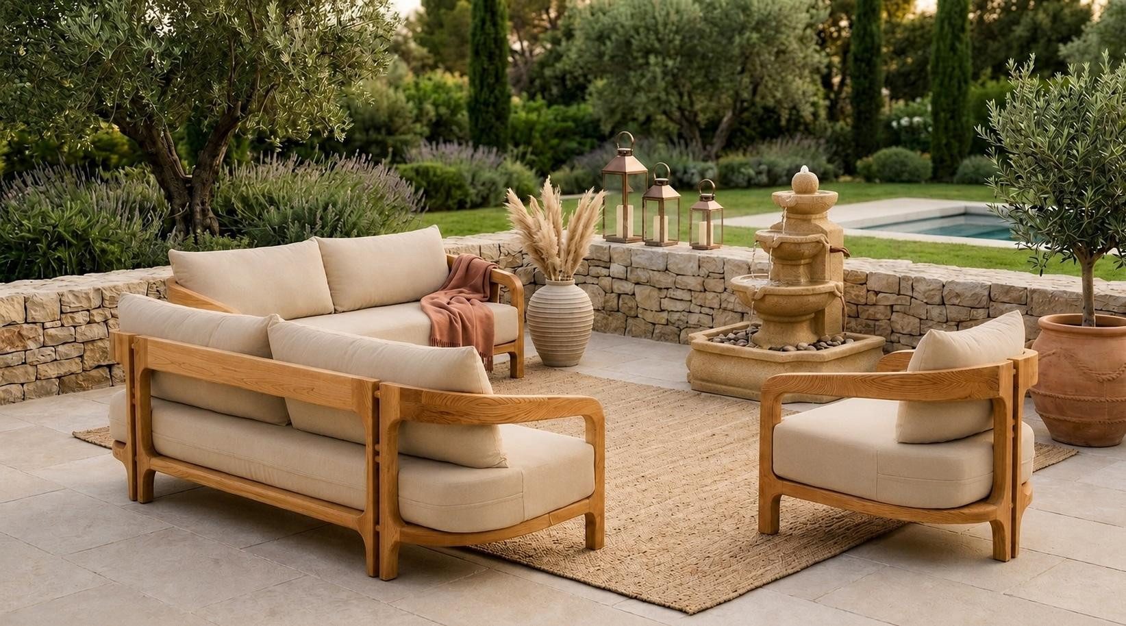 JVmoebel Gartenlounge-Set Terrassenmöbel Set Beige Stilvoll 3-Sitzer Sofa Sessel Sofakissen Set, (3-tlg., 3-tlg)