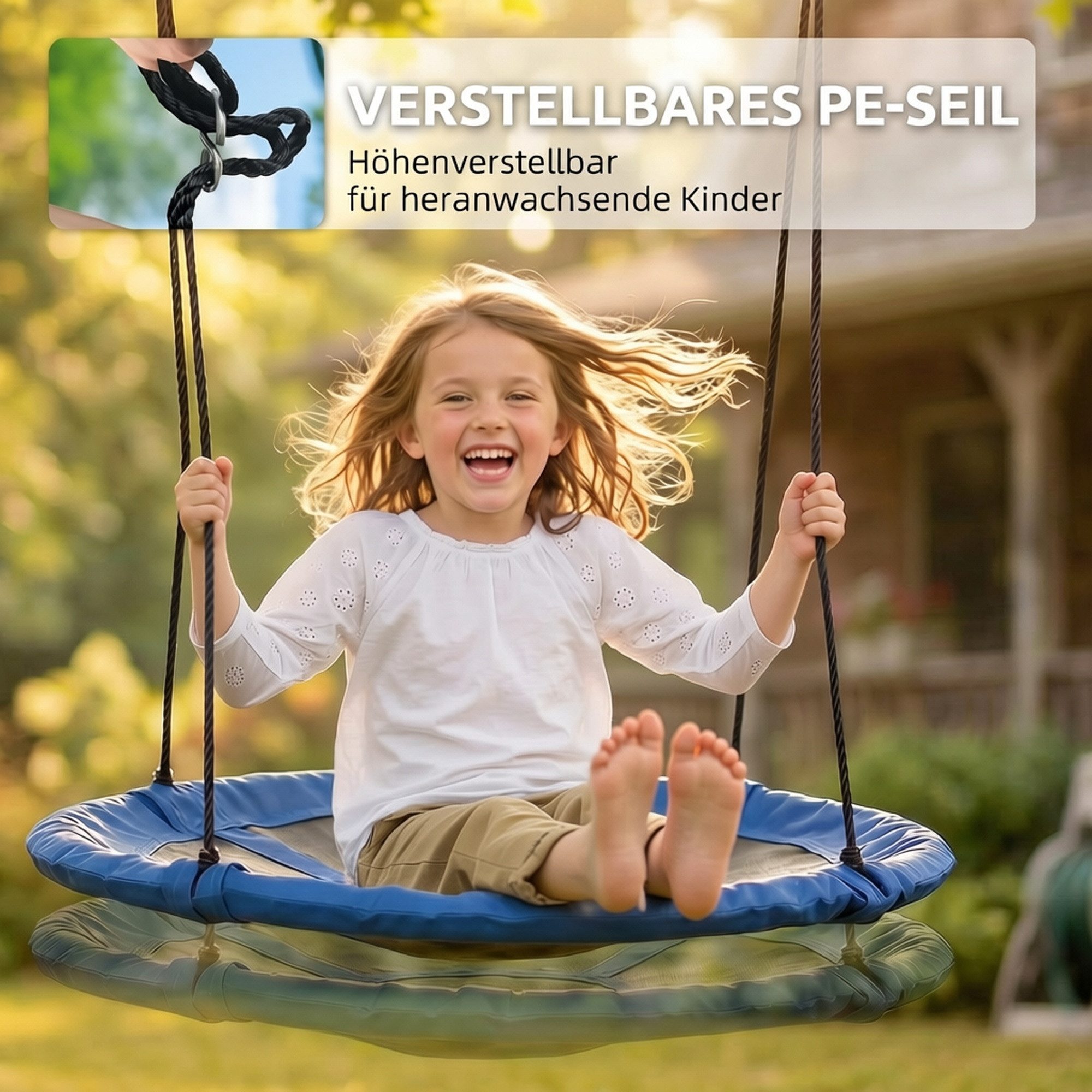 Outsunny Einzelschaukel Nestschaukel Höhenverstellbar Hängeschaukel Ø 110 cm bis 100kg, (Tellerschaukel, 1-tlg., Kinderschaukel), für 3-12 Jahre Kinder, Blau – Bild 4 von 5