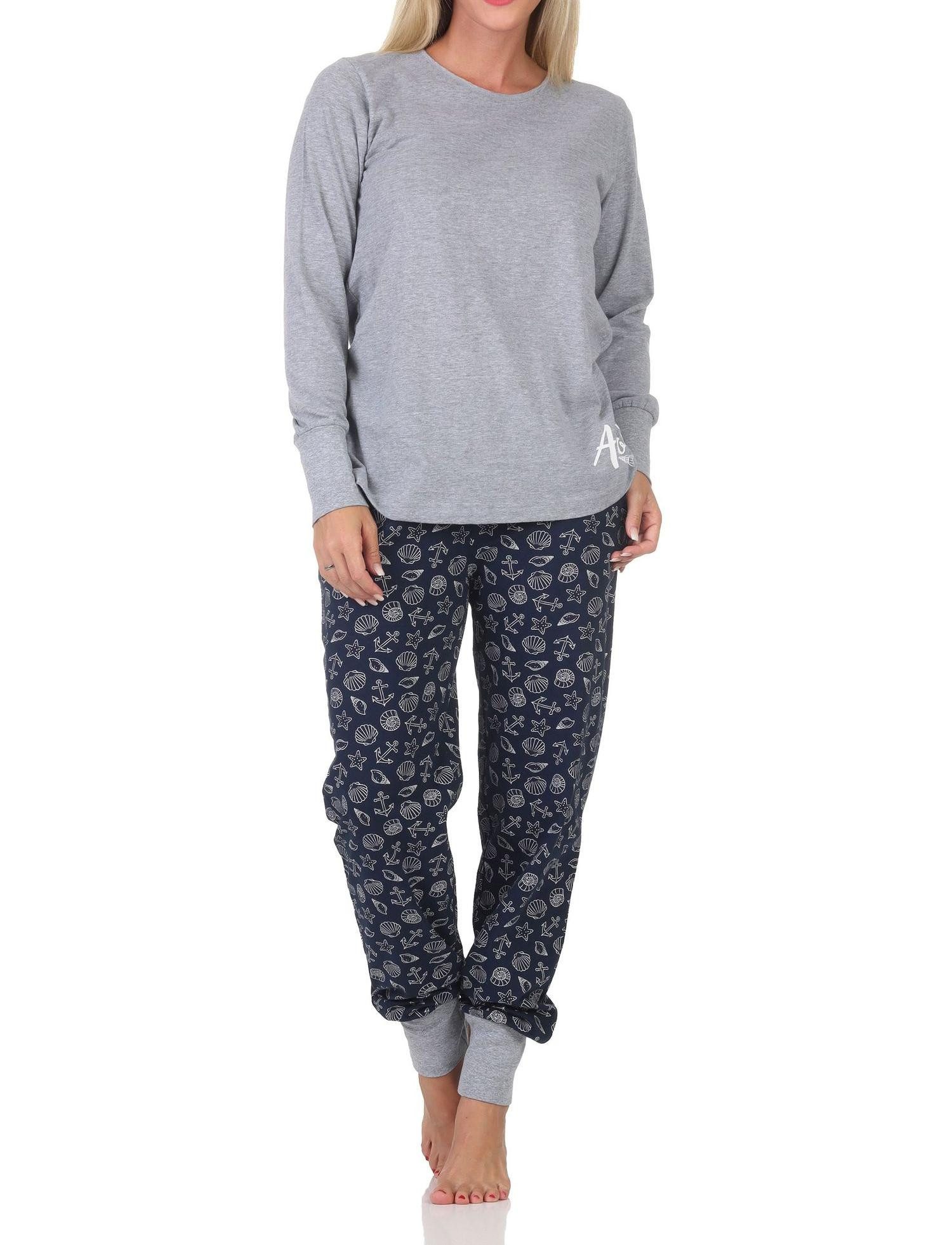 Normann Pyjama Normann Damen Schlafanzug mit Bündchen in maritimer Optik