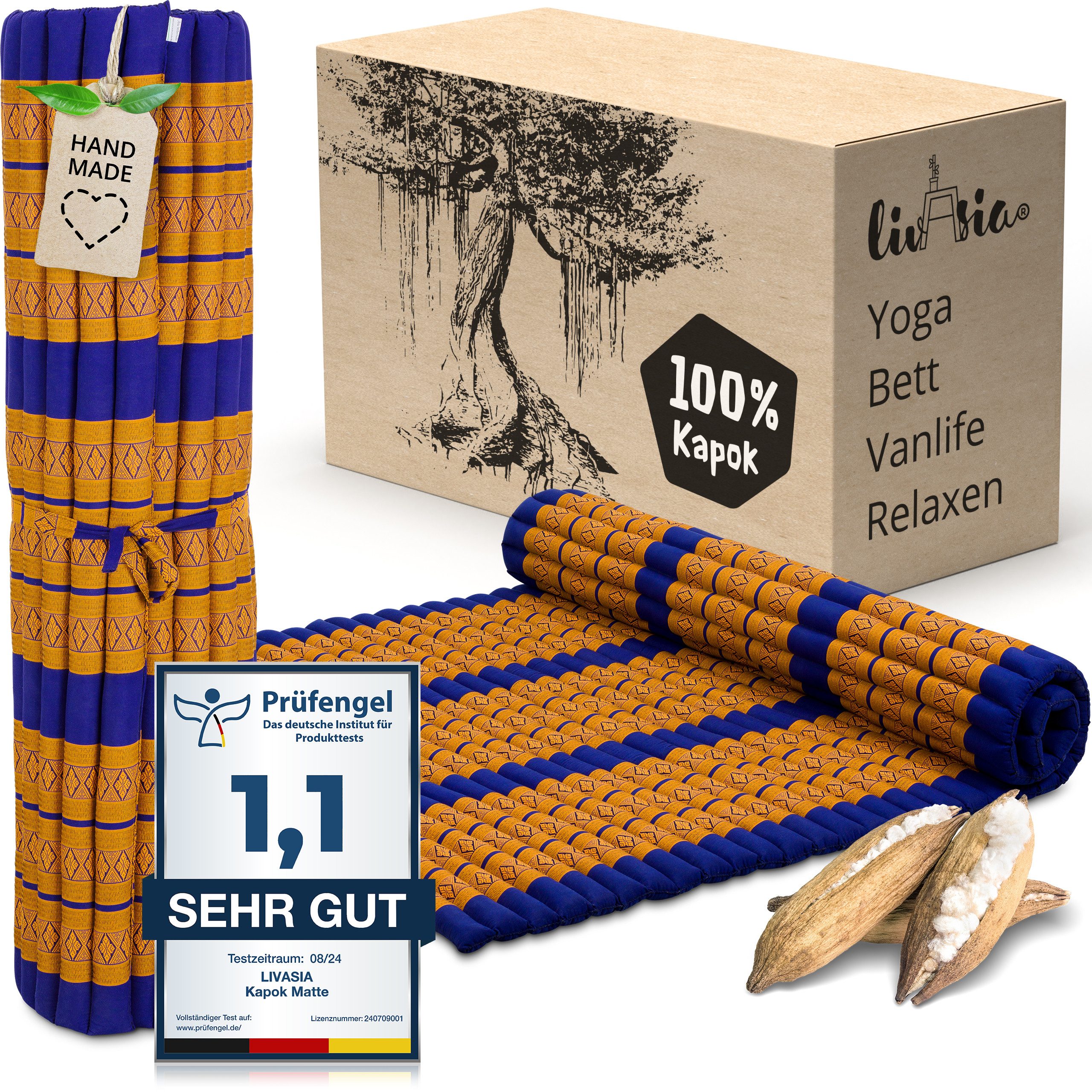 Reisebett-Matratzen Rollmatte 145 cm breit, vegan und handgefertigt, 205x145x4,5cm, livasia, 4.5 cm hoch, Kapok