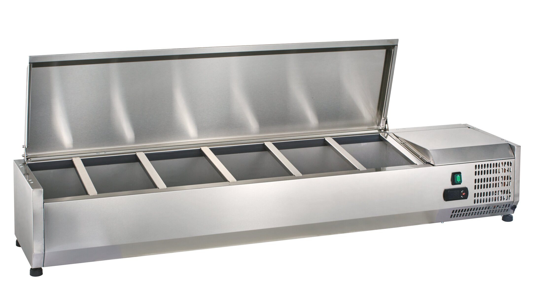 GastroHero Dönergrill Kühlaufsatz Edelstahl Gastronomie 120 cm mit Deckel – für 5 x GN 1/4, 145 W, Belegstation, 5 Zwischenstege inklusive, höhenverstellbar