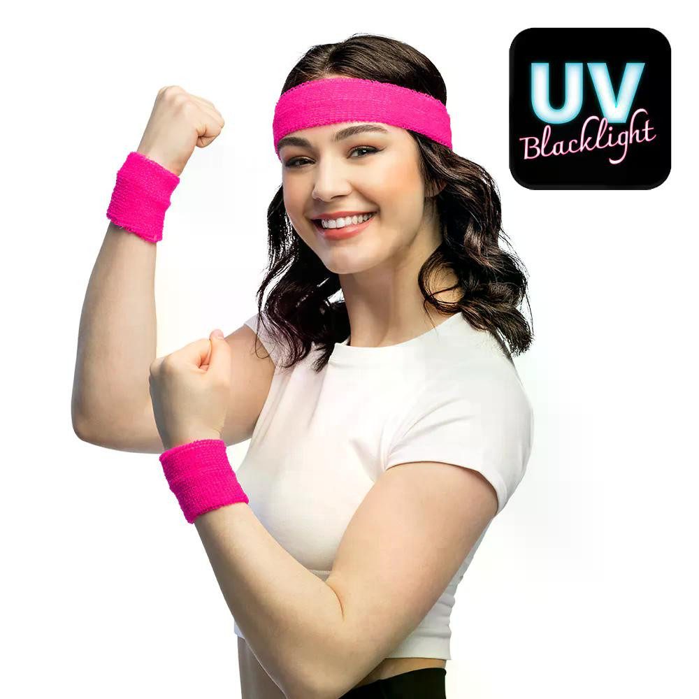 Boland Kostüm Schweißband Set 3-teilig neonrosa UV Stirnband und Armbänder günstig online kaufen