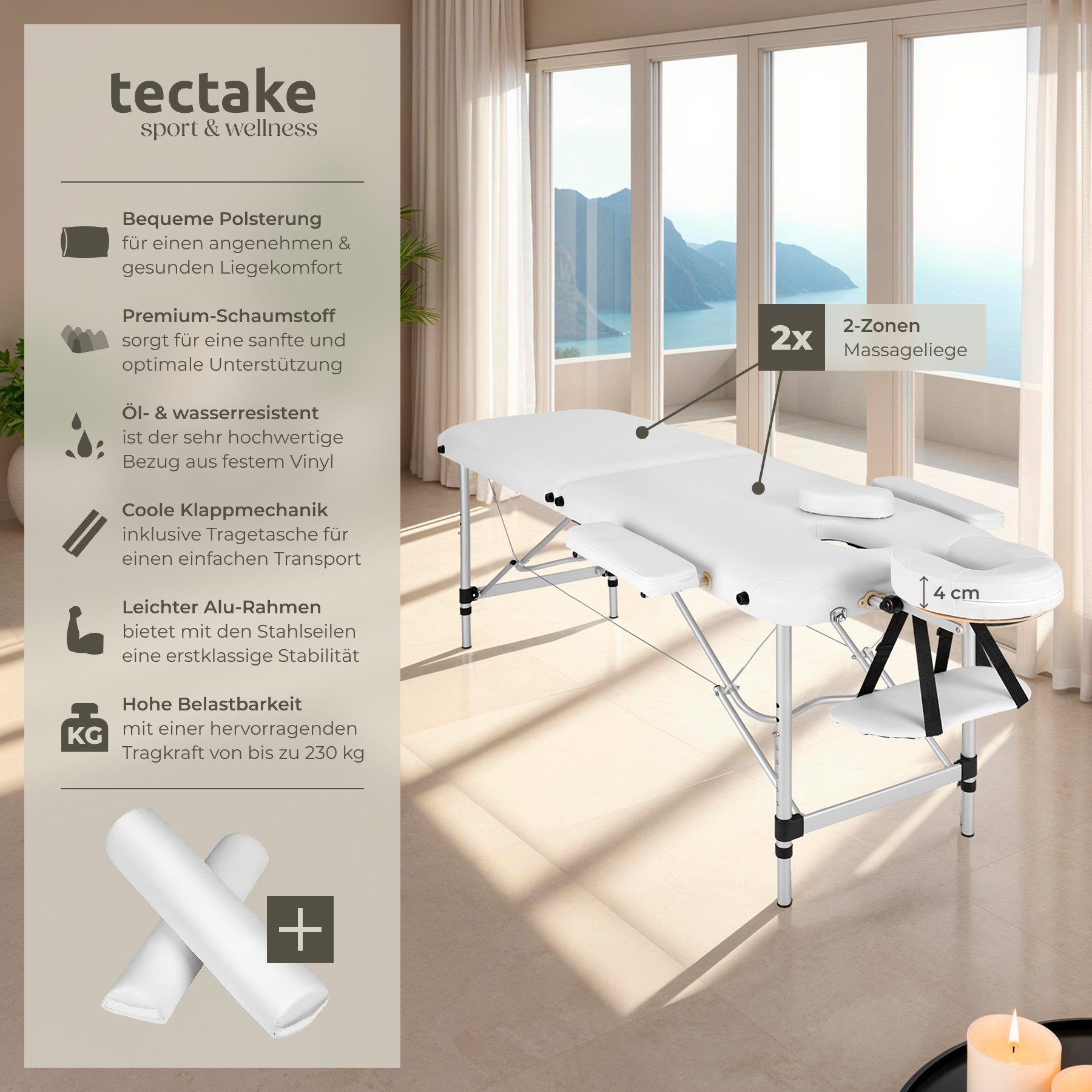 tectake Massageliege 2 Zonen Massageliege-Set (Set, 1-St., mit Tragetasche), Breite 61 cm, Polsterung 4 cm