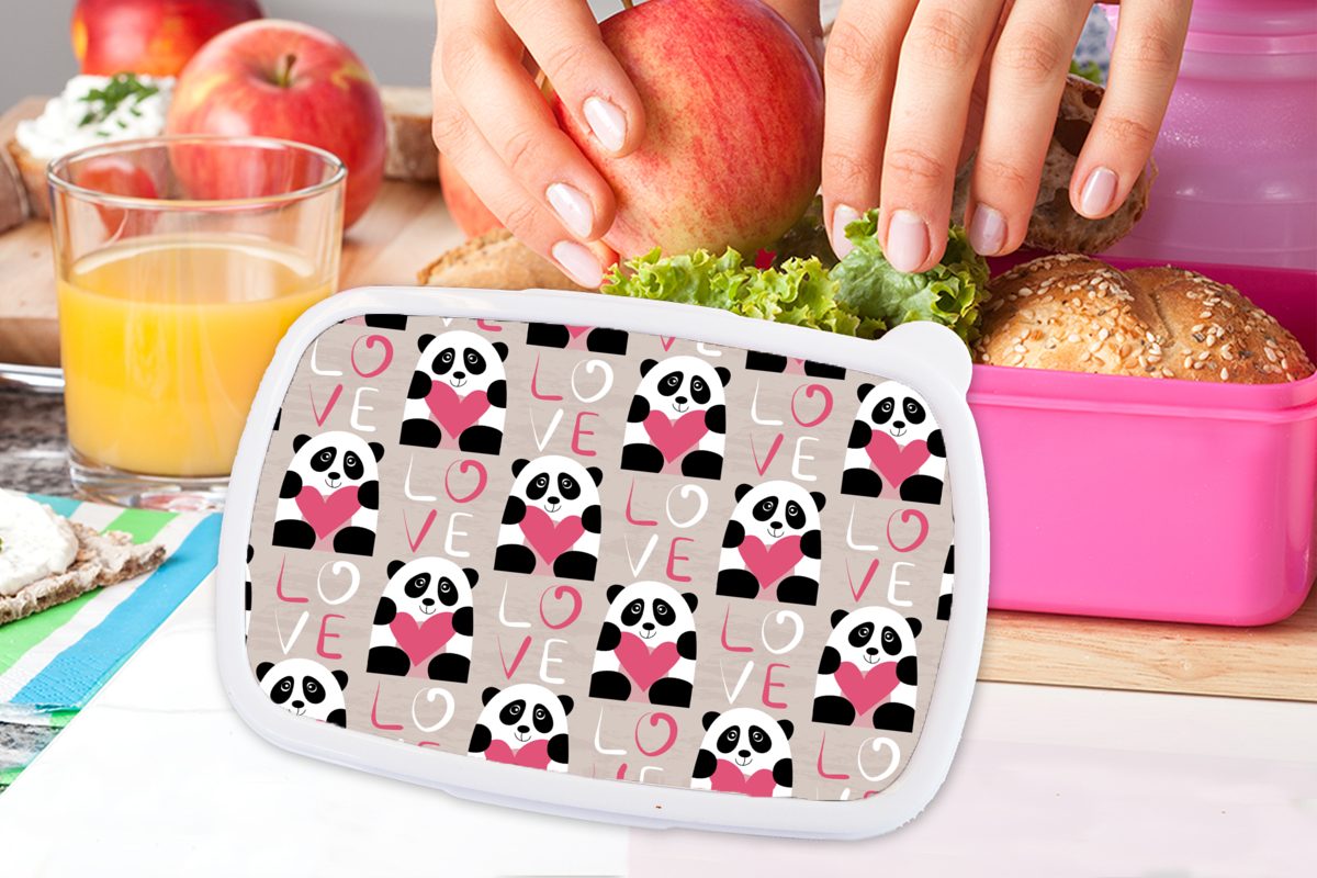 MuchoWow Lunchbox Brotbox Panda für Kunststoff Herzen Erwachsene, Kunststoff, Mädchen, Brotdose - rosa (2-tlg), - Kinder, Snackbox, Muster