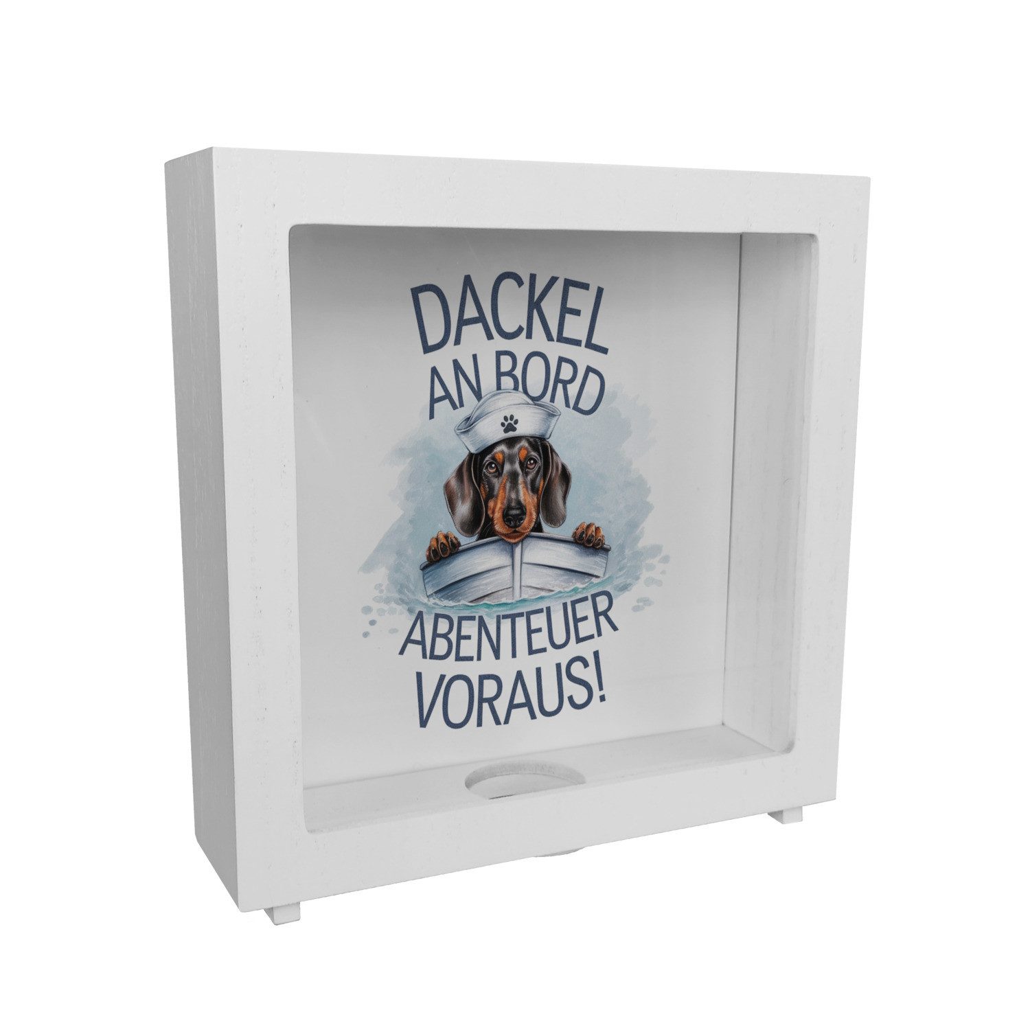 speecheese Spardose Matrosen Dackel im Boot Rahmen Spardose aus Holz - Abenteuer voraus