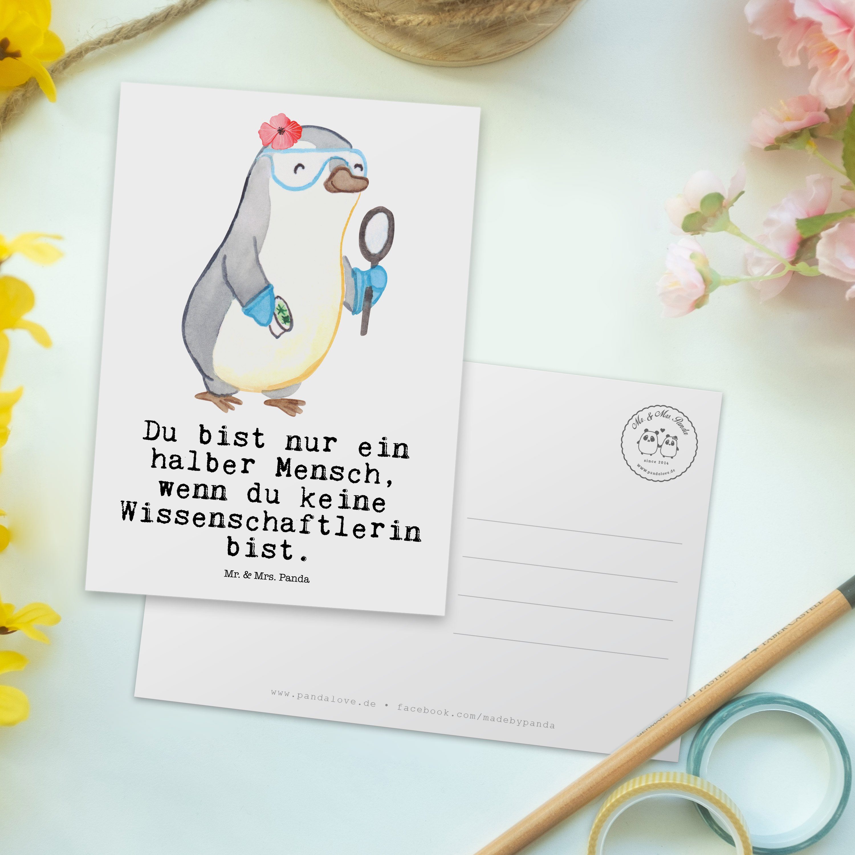 Wissenschaftlerin Mrs. Mr. Postkarte Weiß mit & Panda Forschungseinrichtung - Geschenk, Herz -