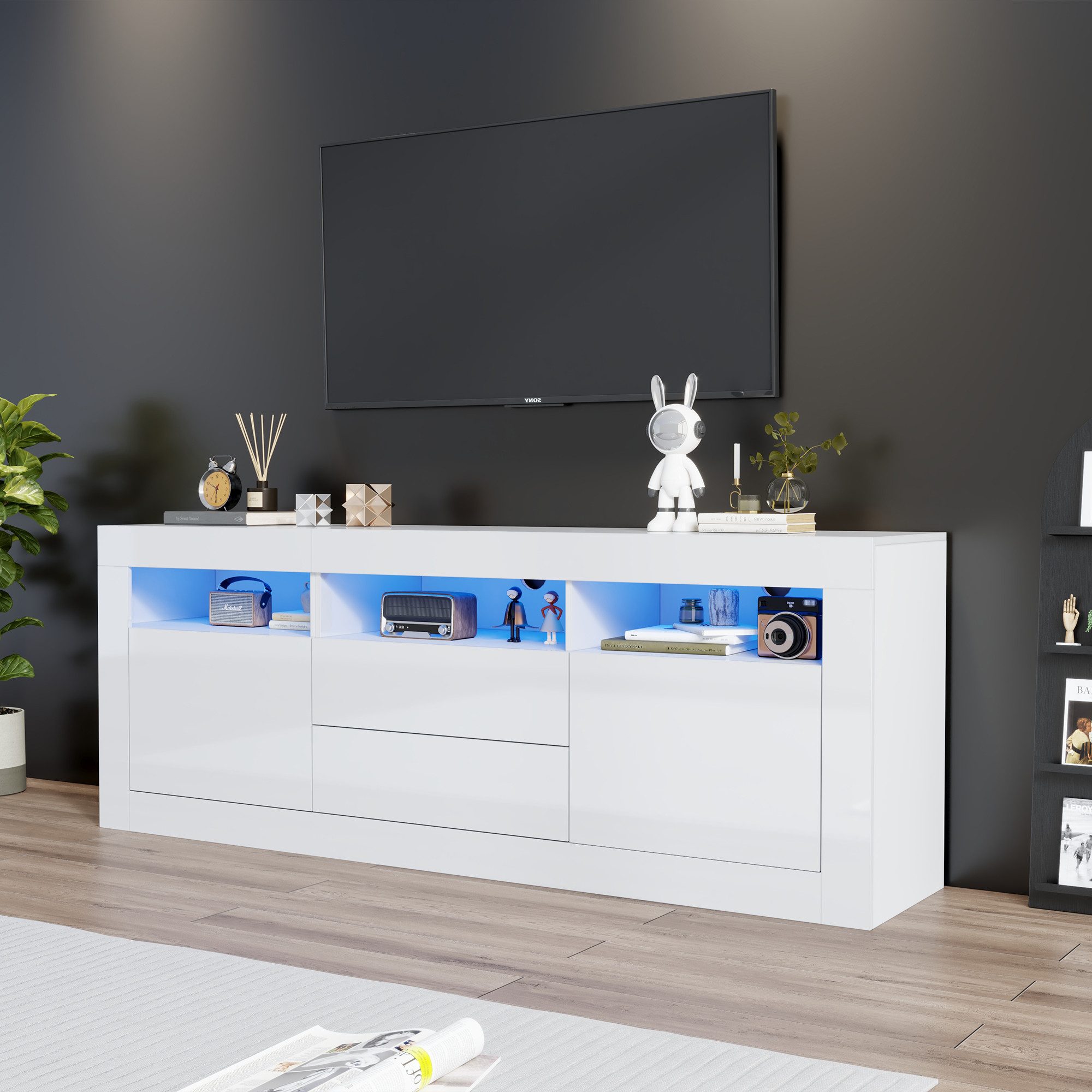 STILVORA Lowboard mit LED&Schubladen,TV-Schrank Fernsehschrank mit offenen Fächern (TV-Ständer für 70-Zoll-Fernseher, 3 offenen Fächern, 2 Türen, 2 Schubladen), mit LED-Beleuchtung