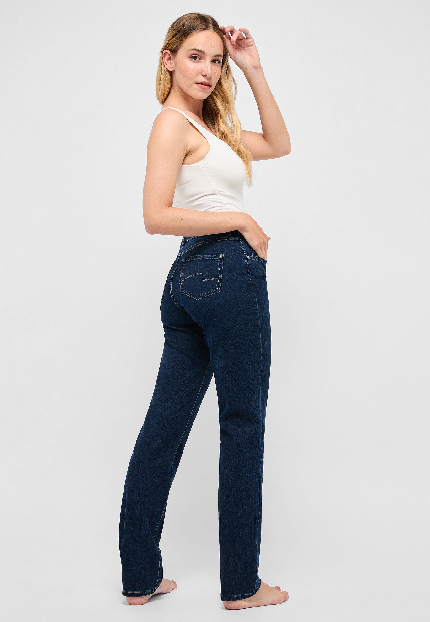 mit Label-Applikationen Straight-Jeans mit Dolly ANGELS sportivem Jeans blau Denim