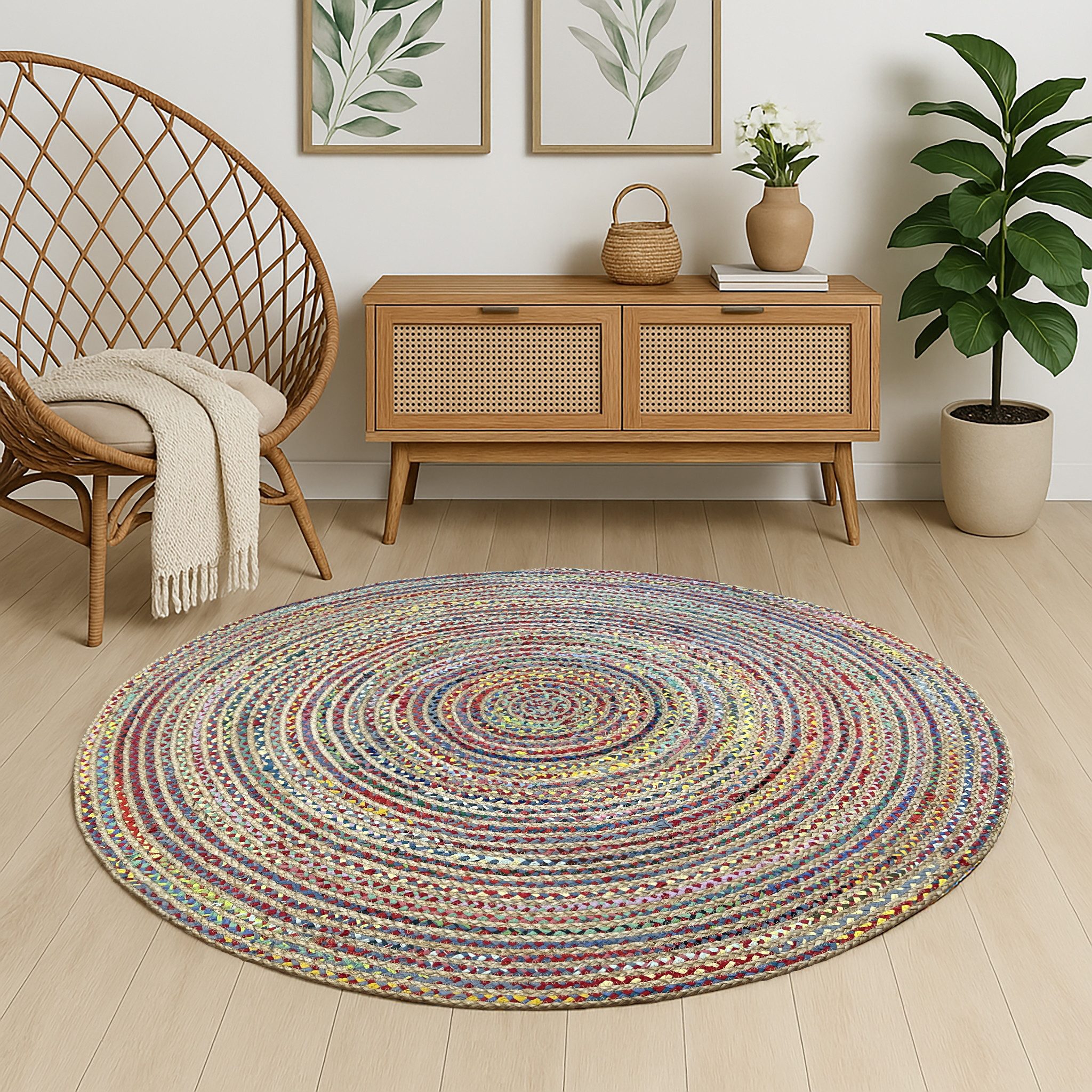 Myflair Möbel & Accessoires Teppich Boho Breeze, rund, Höhe: 10 mm, Juteteppich, handgeflochten, Wendeteppich, farbige Baumwoll-Akzente