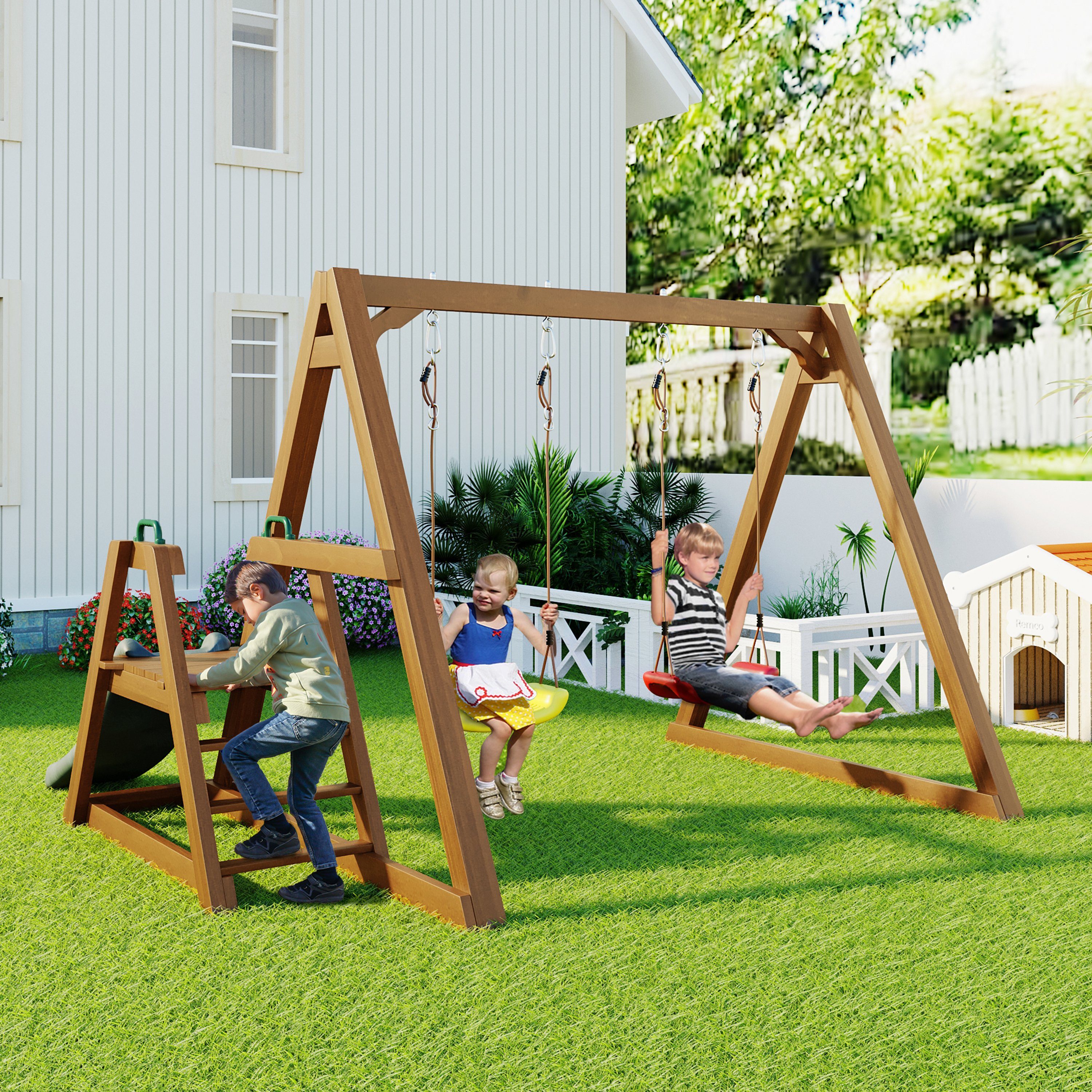 WISHDOR Doppelschaukel Schaukel Doppelschaukel Kinderschaukel mit Rutsche und Kletterleiter, (Robuste Kinderschaukel für Kinder Outdoor), Schaukelgerüst Schaukelgestell aus Massivholz 238,5x240x168,9cm