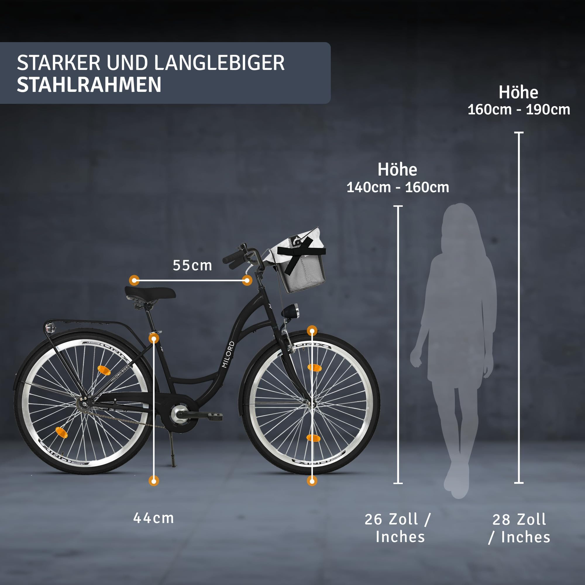 Milord Cityrad Milord City Fahrrad Korb Damenfahrrad, 28/26 Zoll, Schwarz, 1-Gang, 1 Gang, (Fahrradständer, Gepäckträger, Klingel, Korb, Kotflügel)
