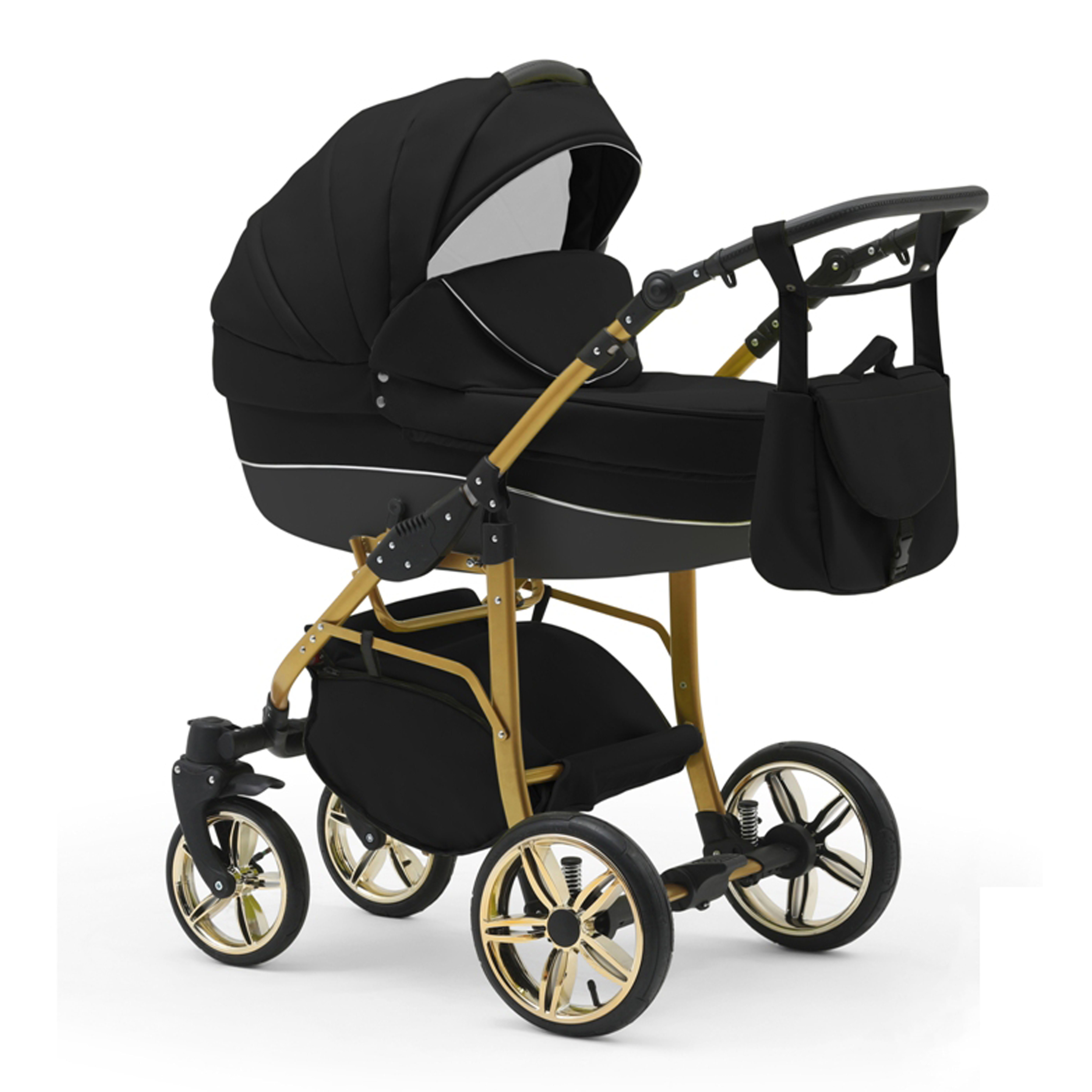 babies-on-wheels Kombi-Kinderwagen 2 in 1 Kinderwagen-Set Cosmo ECO Gold - 13 Teile - in 46 Farben Schwarz