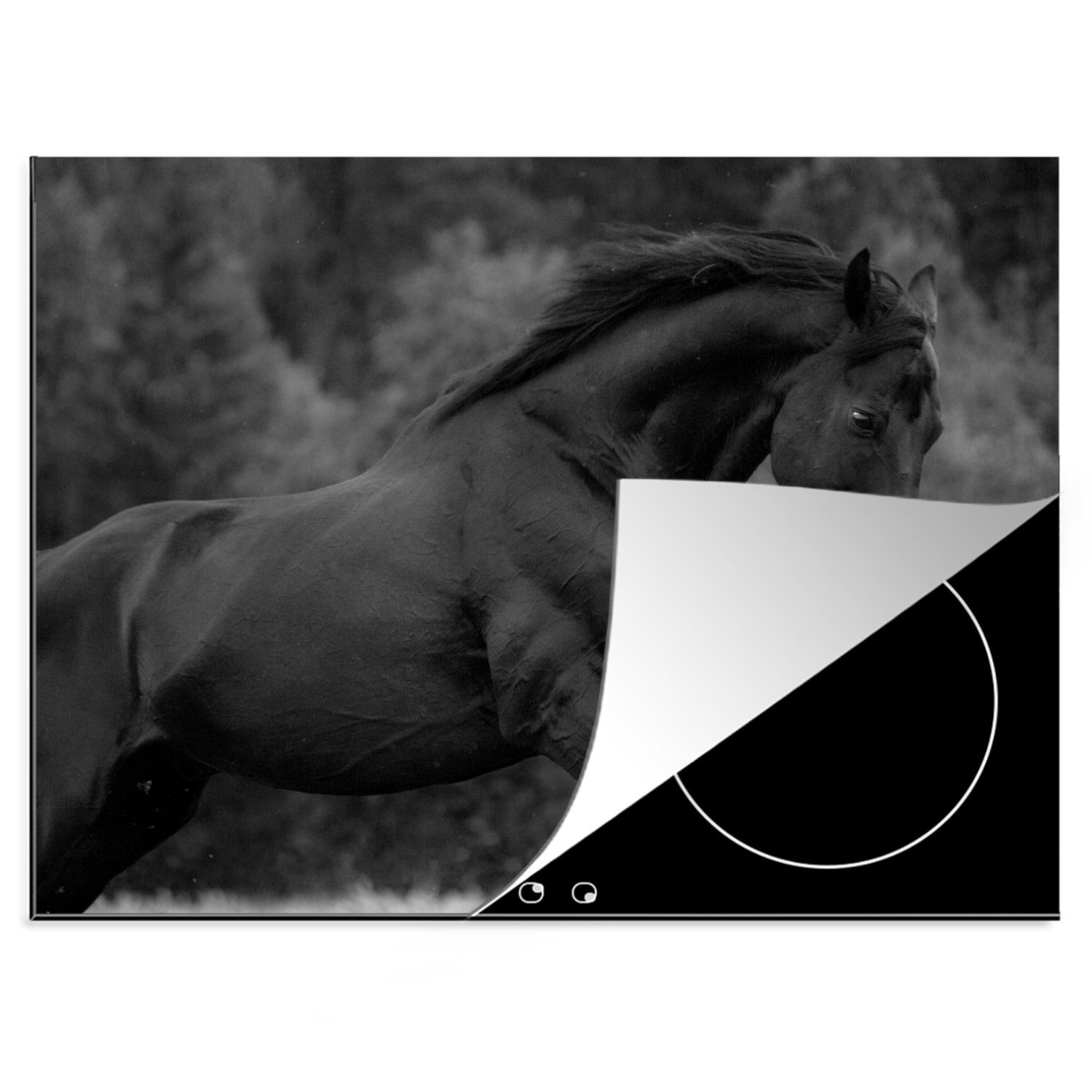 MuchoWow Herdblende-/Abdeckplatte Galoppierendes Pferd - schwarz und weiß, Vinyl, (1 tlg), 70x52 cm, Mobile Arbeitsfläche nutzbar, Ceranfeldabdeckung