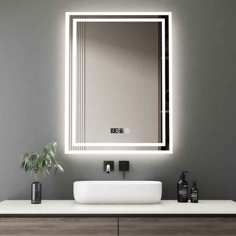WDWRITTI Wandspiegel Badspiegel Led 50x70 mit Uhr 3Lichtfarben Helligkeit dimmbar (Spiegel mit beleuchtung, Speicherfunktion), Energiesparend, IP44