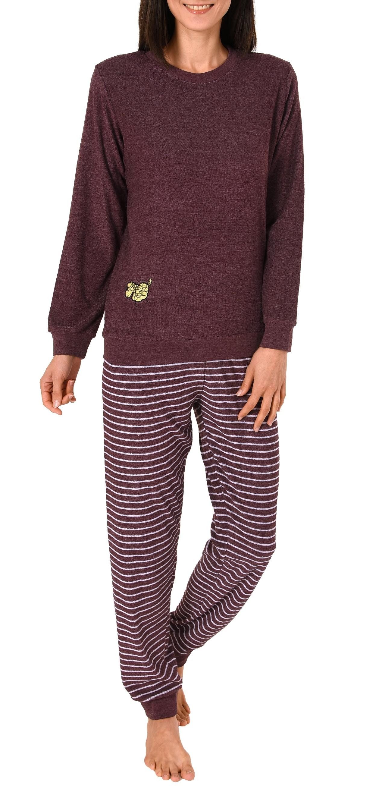 Pyjama Damen Frottee Schlafanzug mit Bündchen und süsser Tier Applikation