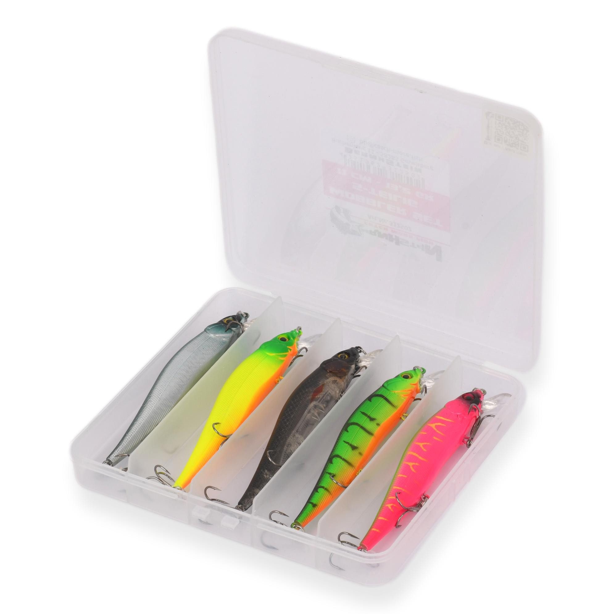 BernhStein Kunstköder Wobbler Set 5 tlg. + 5 Snaps 12 cm, 13,7g in Box, Hecht/ Zander