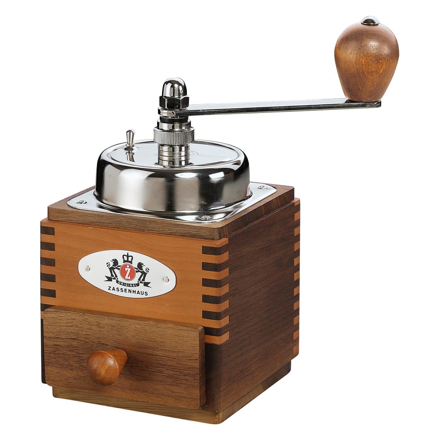 ZASSENHAUS Kaffeemühle Montevideo Nussbaum/Birne - Handmühle Handkaffeemühle, Kegelmahlwerk, 50 g Bohnenbehälter, Manuell, Mahlgrad stufenlos einstellbar