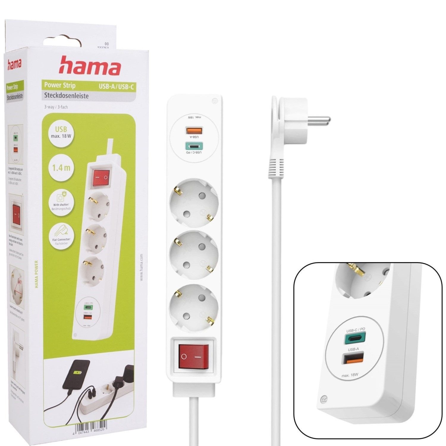 Hama Mehrfachstecker 3-Fach mit 2x USB-C USB Weiß Mehrfachsteckdose (Berührungsschutz), Steckdosenleiste mit Schalter Mehrfachsteckdose Steckerleiste 1,4m