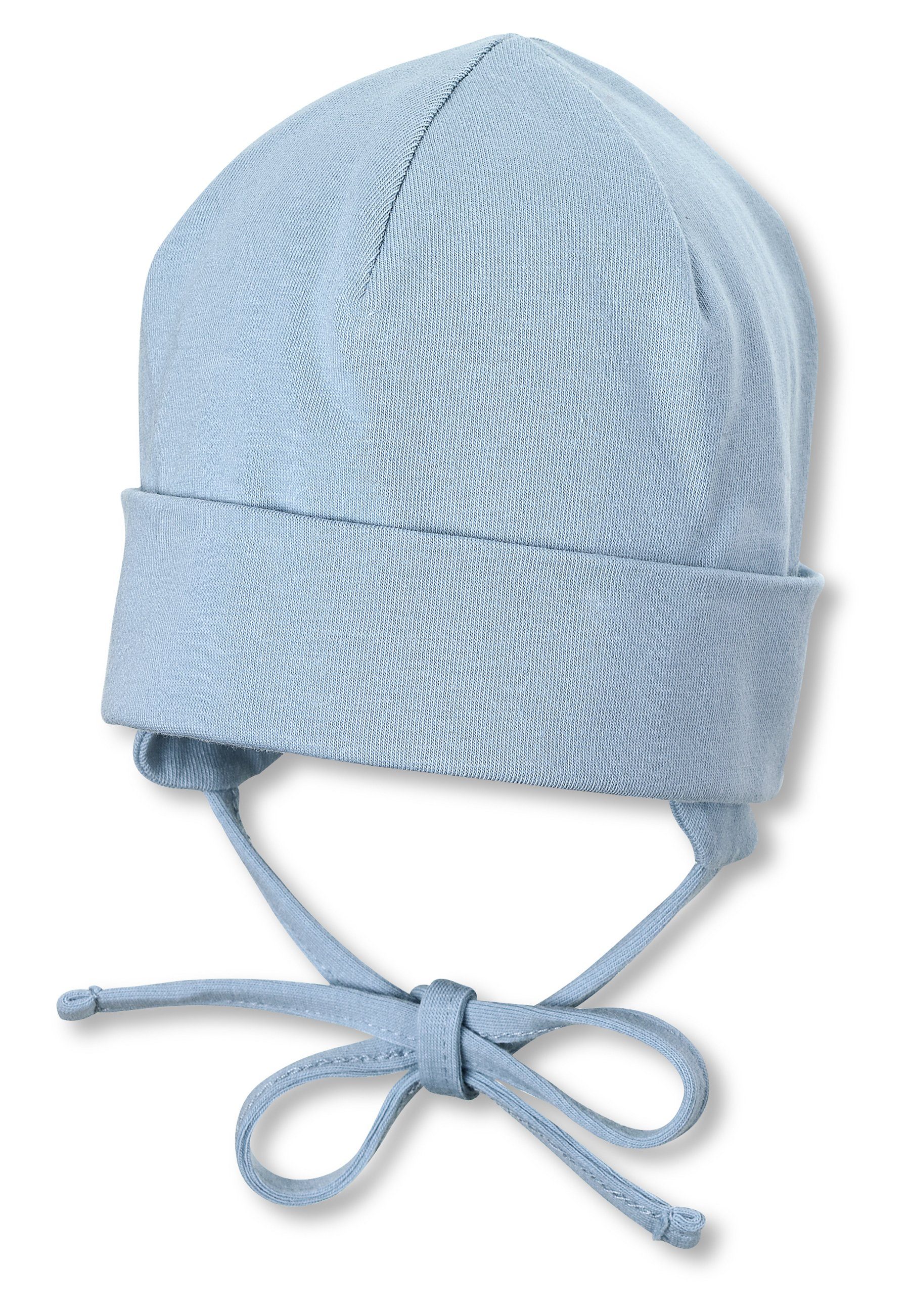 Ohrenklappen Baumwolle hellblau Schlupfmütze OCS Mütze Sterntaler® und Kinder mit (1-St., Umschlag) aus Einfarbige Bindeband tragbar Beanie doppellagig mit Babymütze