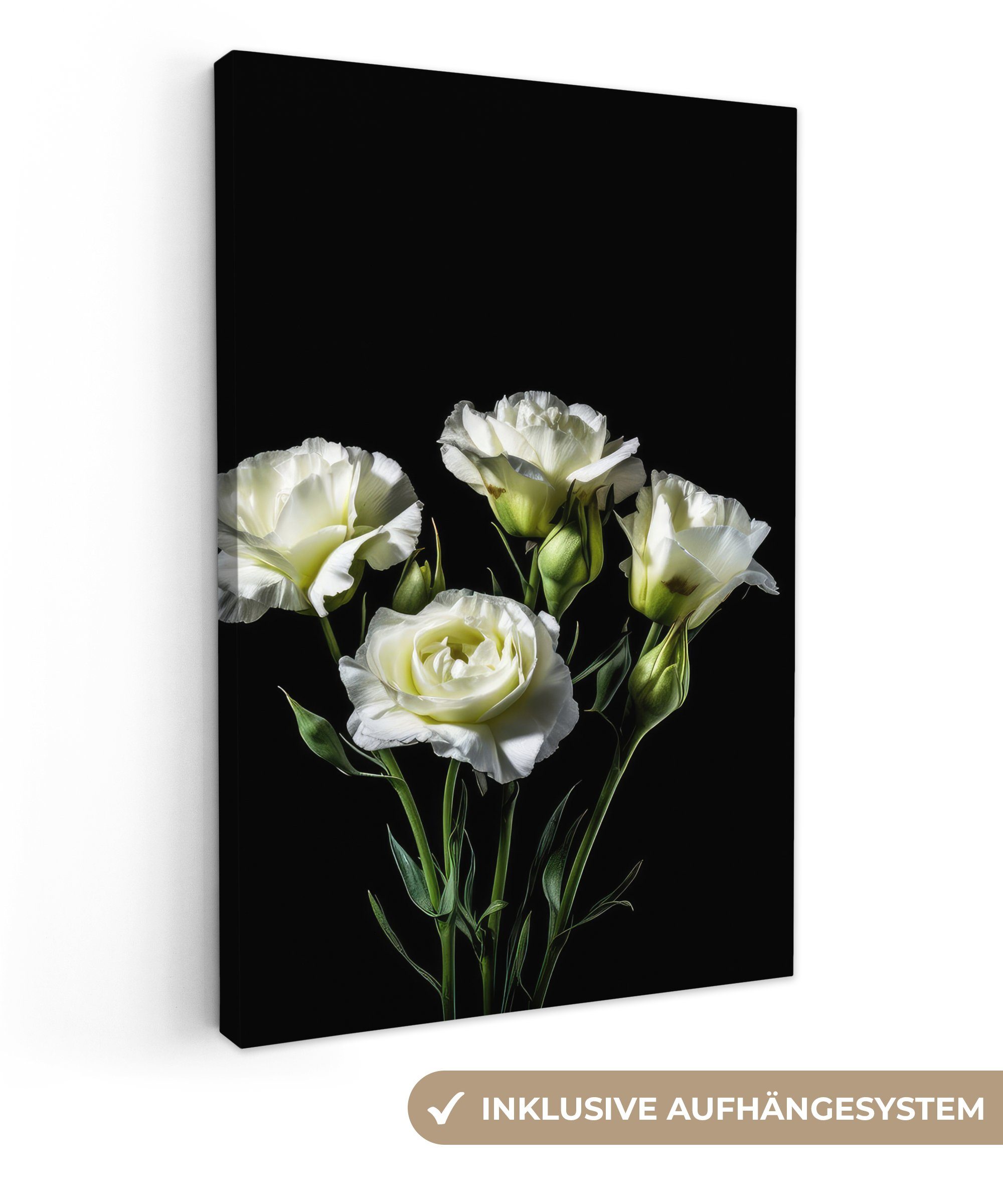 OneMillionCanvasses® Leinwandbild Blumen - Rosen - Weiß - Botanisch - Schwarz, (1 St), Leinwandbild fertig bespannt inkl. Zackenaufhänger, Gemälde, 20x30 cm