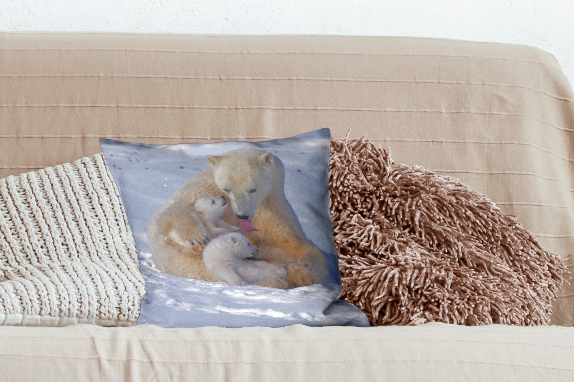 Füllung - Sofakissen Schnee Eisbären mit Deko, Dekokissen Zierkissen - Weiß, Schlafzimmer, für Wohzimmer, MuchoWow