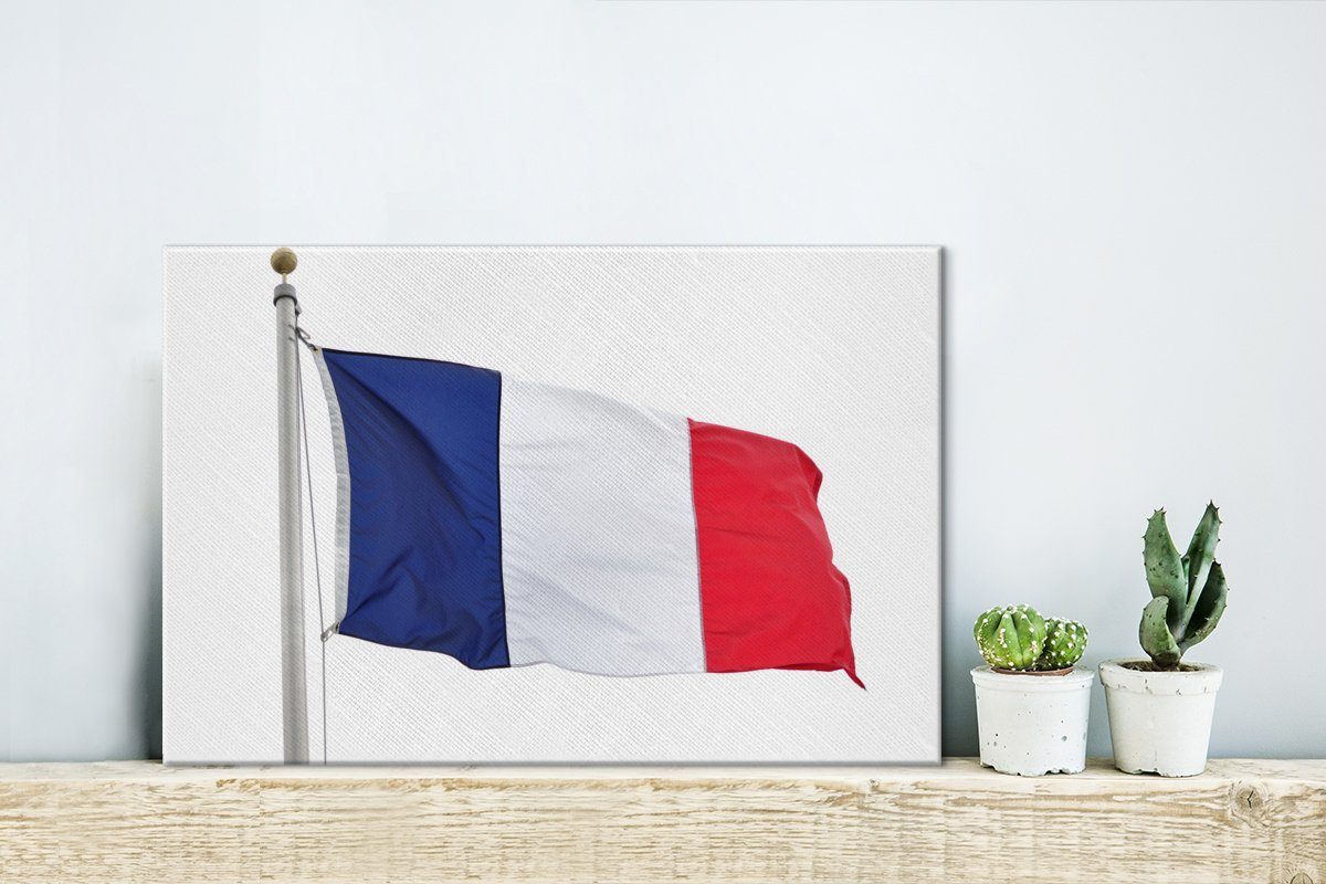 Aufhängefertig, 30x20 Die auf OneMillionCanvasses® cm von Wandbild St), Flagge weißem Leinwandbilder, (1 Hintergrund, Leinwandbild Frankreich Wanddeko,