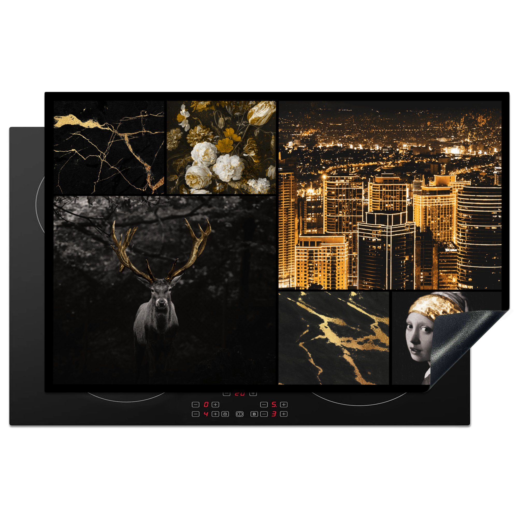 MuchoWow Herdblende-/Abdeckplatte Collage - Mädchen mit Perlenohrring - Gold, Vinyl, (1 tlg), 81x52 cm, Induktionskochfeld Schutz für die küche, Ceranfeldabdeckung