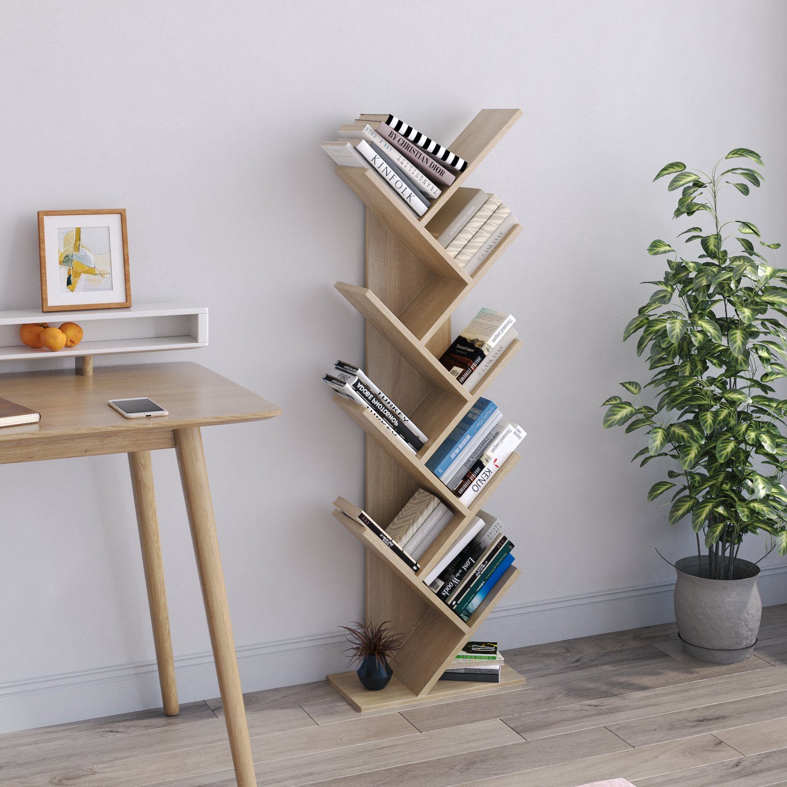 Braun Bücherschrank, aus Mondeer einfaches Design und exquisites Bücherregal Holz Baumform lagiges, 9 Platzsparen in Würfelregal