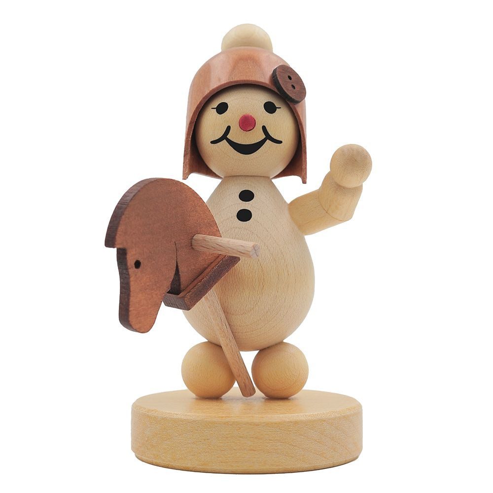 Drechslerei Volkmar Wagner Räuchermännchen "Schneemädchen mit Steckenpferd" auf Sockel - 7 cm - Orig. Erzgebirge