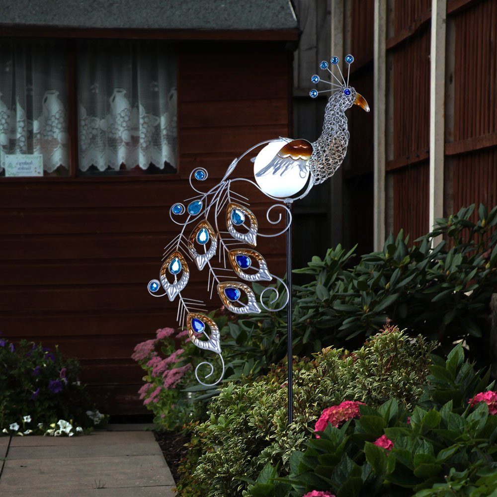 Pfau LED Solarleuchte Erdspieß Solar verbaut, LED-Leuchtmittel Stecklampe fest Globo Pfau Solarleuchte, Außenleuchte Vogel