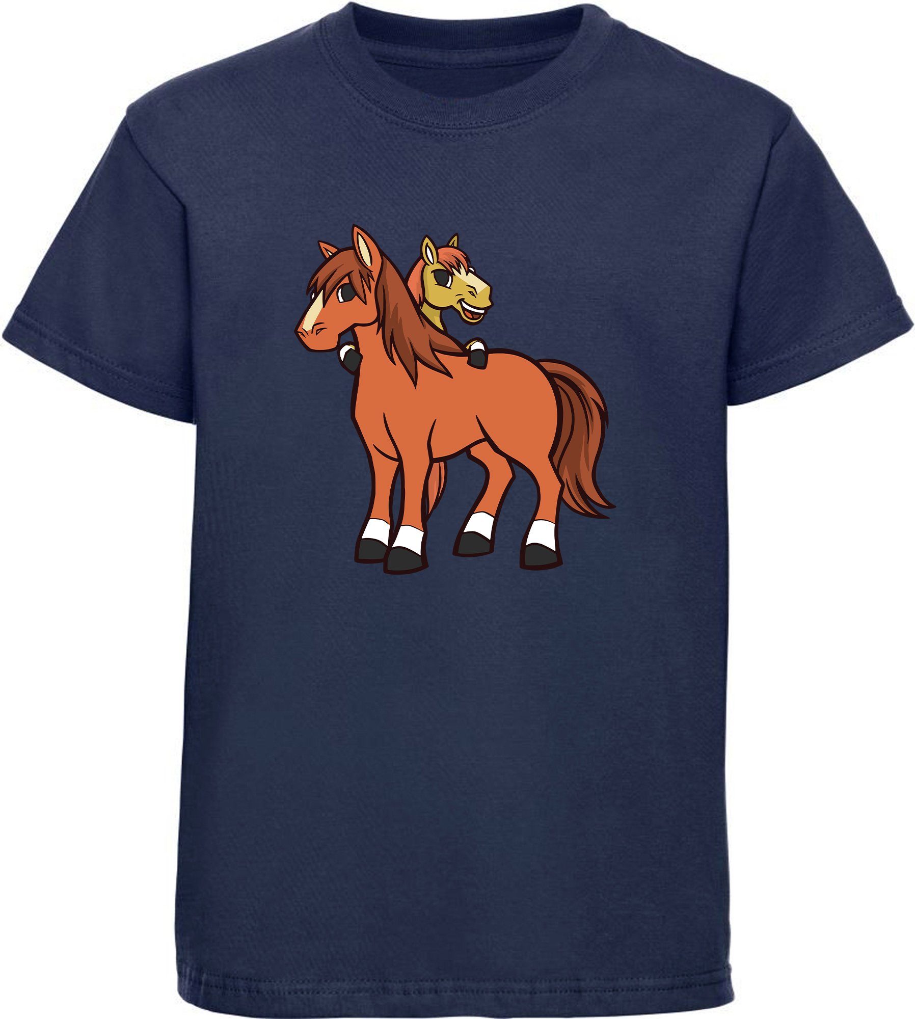 MyDesign24 T-Shirt Kinder Pferde Print Shirt bedruckt - 2 cartoon Pferde Baumwollshirt mit Aufdruck, i251 navy blau