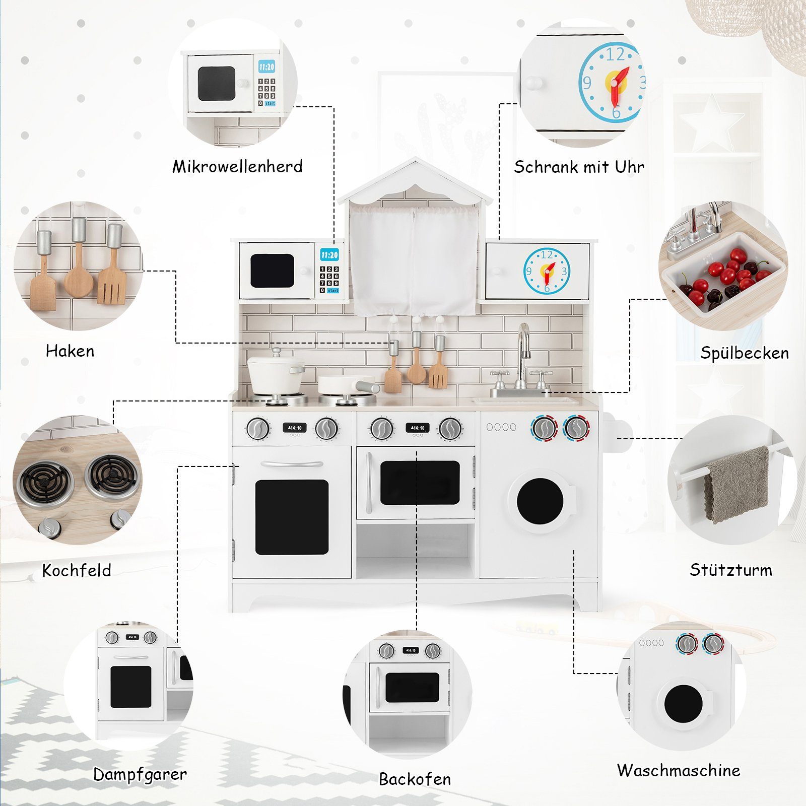 COSTWAY Spielküche Kinderküche, aus Holz, mit Zubehör & Waschmaschine günstig online kaufen