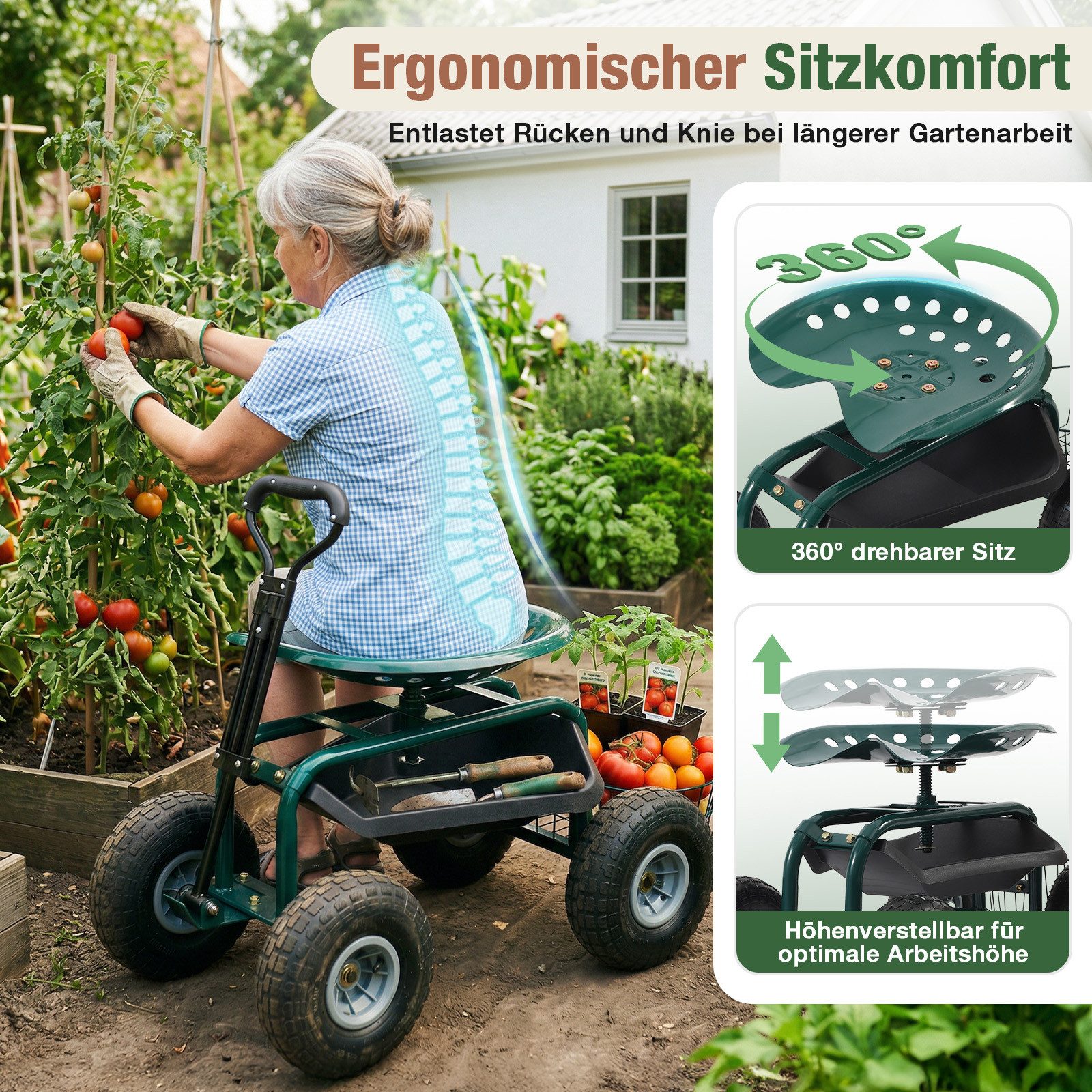 Sekey Kniebank Rollsitz Garten 360° drehbar mit Luftreifen Gartensitz Erntehilfe, Bis 180kg belastbar Gartenhocker mit Griff Ablage für Gewächshaus
