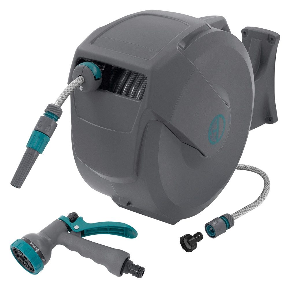 ECD Germany Schlauchaufroller Schlauchtrommel mit Arretierstop 9 Sprühfunktionen 180° Schwenkbar, Schlauchtrommel 30m+2m Arretierstop 9 Funktionen 180° Schwenkbar