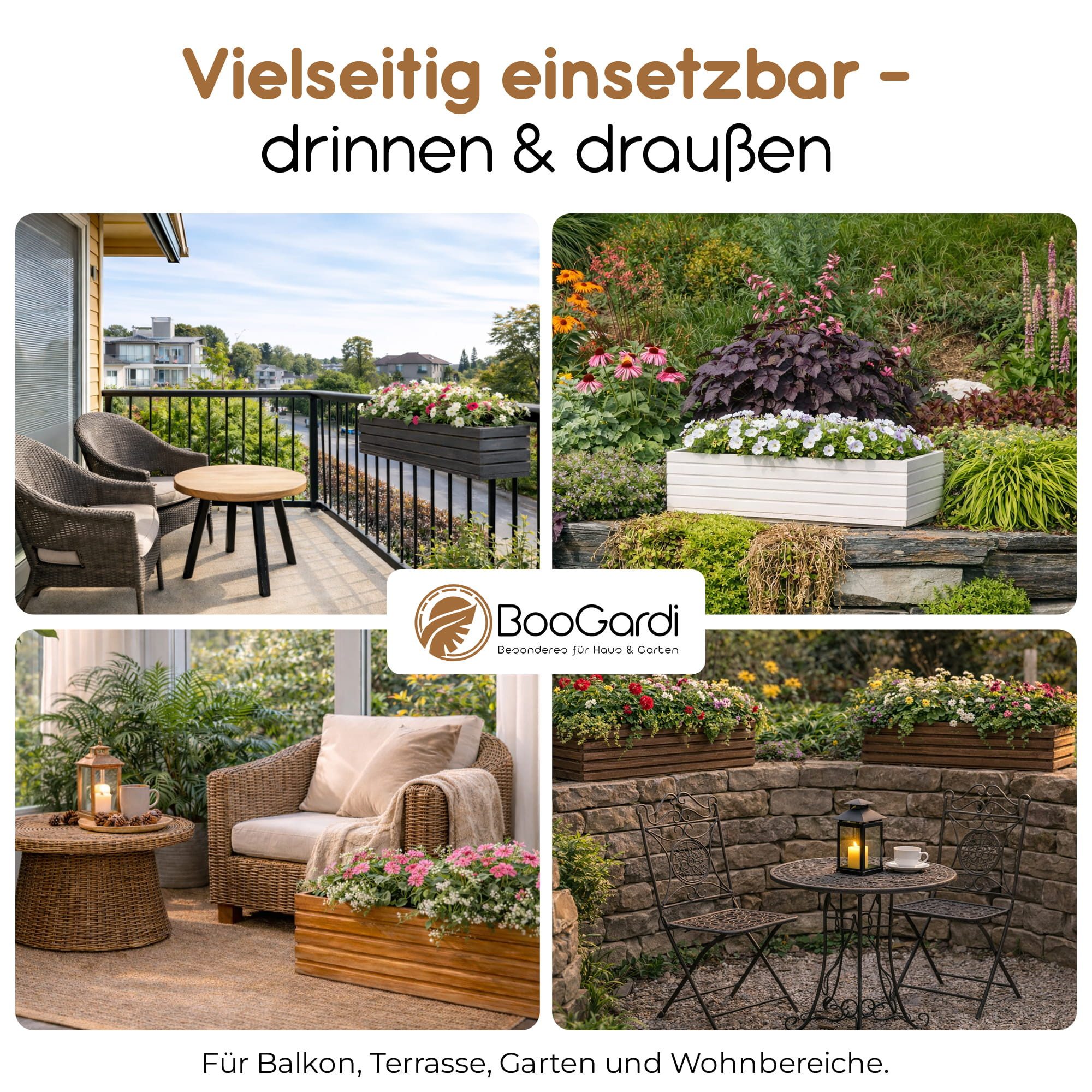 BooGardi Pflanzkübel Balkonkasten Blumenkasten mit Kunststoffeinsatz (Pflanzkasten · Weiß 44x20x14cm · 4 Farben · 3 Größen), Pflanzgefäß für Fensterbank · Balkon · Garten · Terrasse