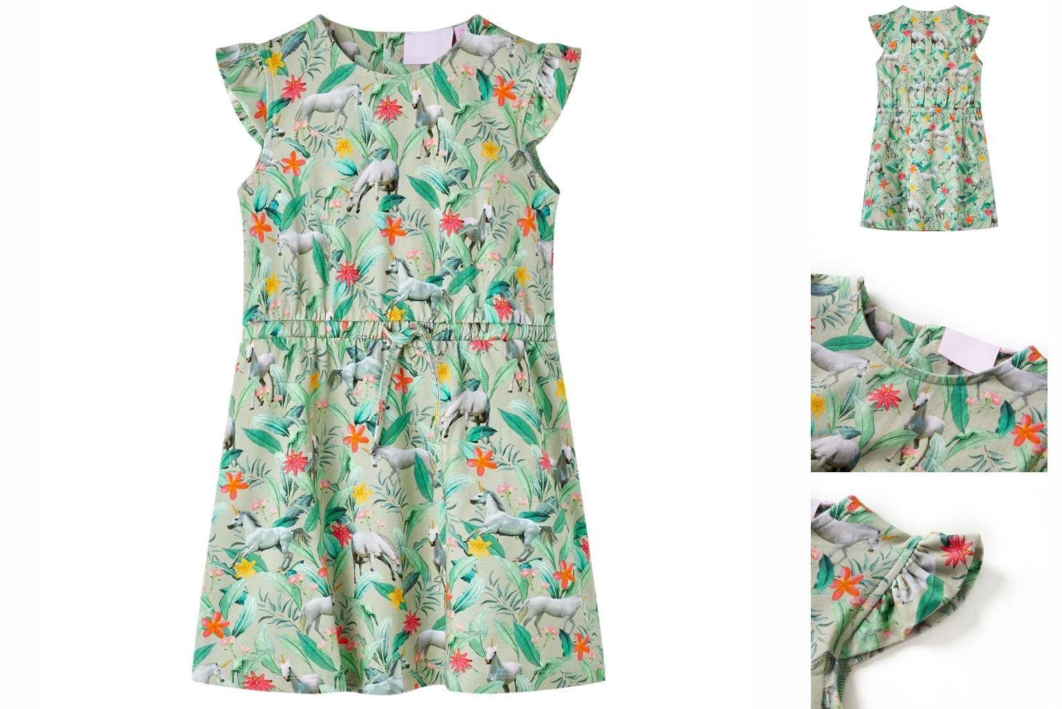 vidaXL A-Linien-Kleid Kinderkleid mit Flügelärmeln Einhorn- und Pflanzen-Motiv Hellkhaki 140