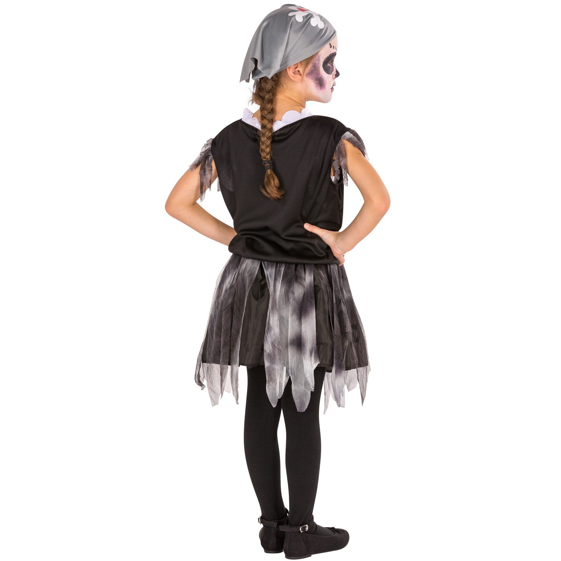 dressforfun Piraten-Kostüm Knochenpiratin, auch Seeräuberin, in schwarz, Gr. 116 (5-7 Jahre), Aufwendiges Kleid, Skelett-Aufdruck vorn, Unterteil, Kopfbedeckung