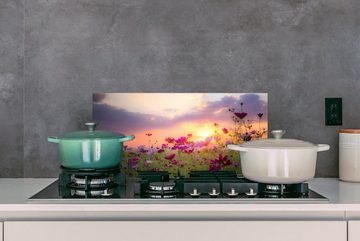 MuchoWow Küchenrückwand Sonnenuntergang - Blumen - Rosa - Natur - Grün, (1-tlg), 60x30 cm, Wandschutz, gegen Fett und Schmutzflecken für Küchen