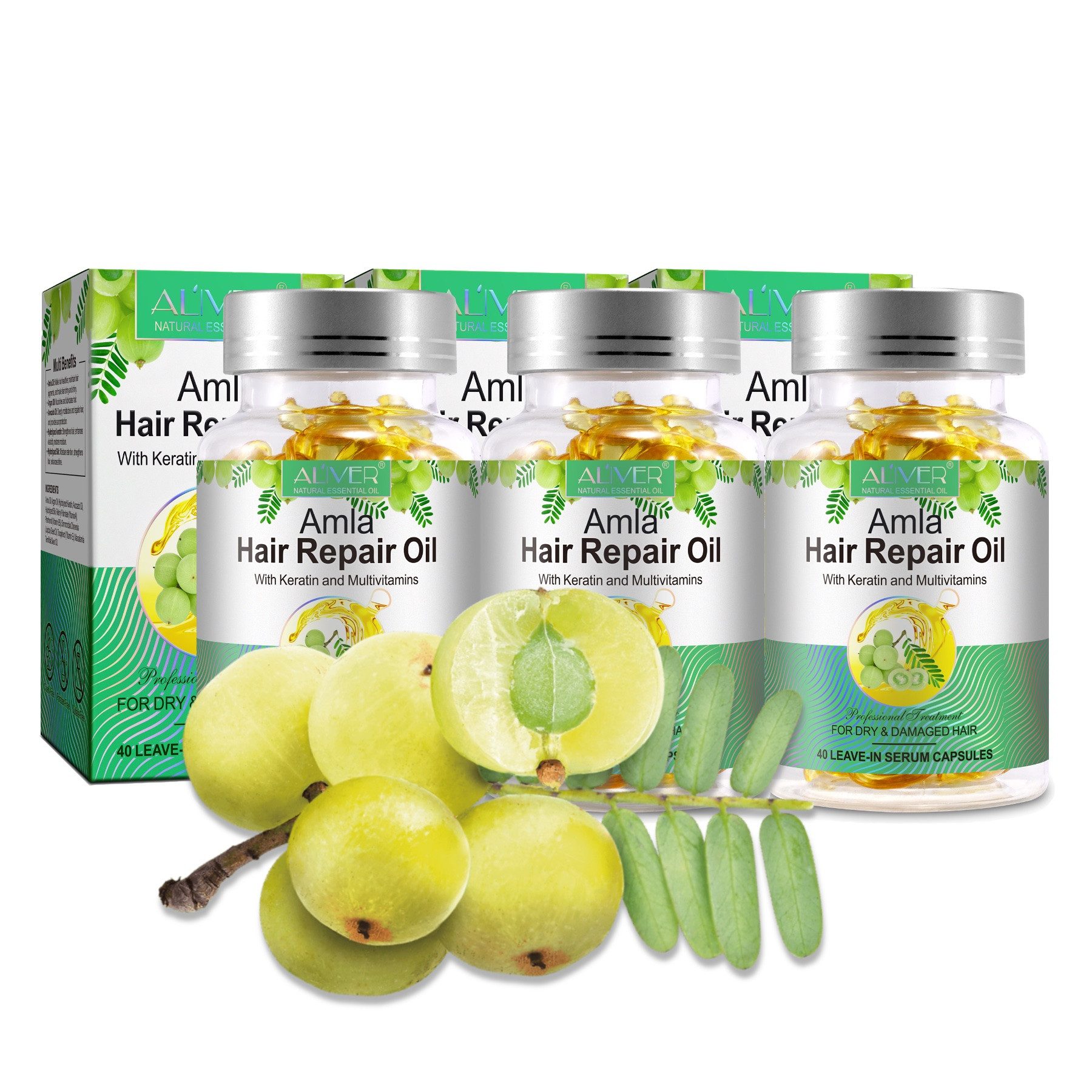 ALIVER Haaröl Amlaöl mit Keratin Haarwachstum gegen Haarausfall in Kapseln Bio Vegan, 3-tlg.