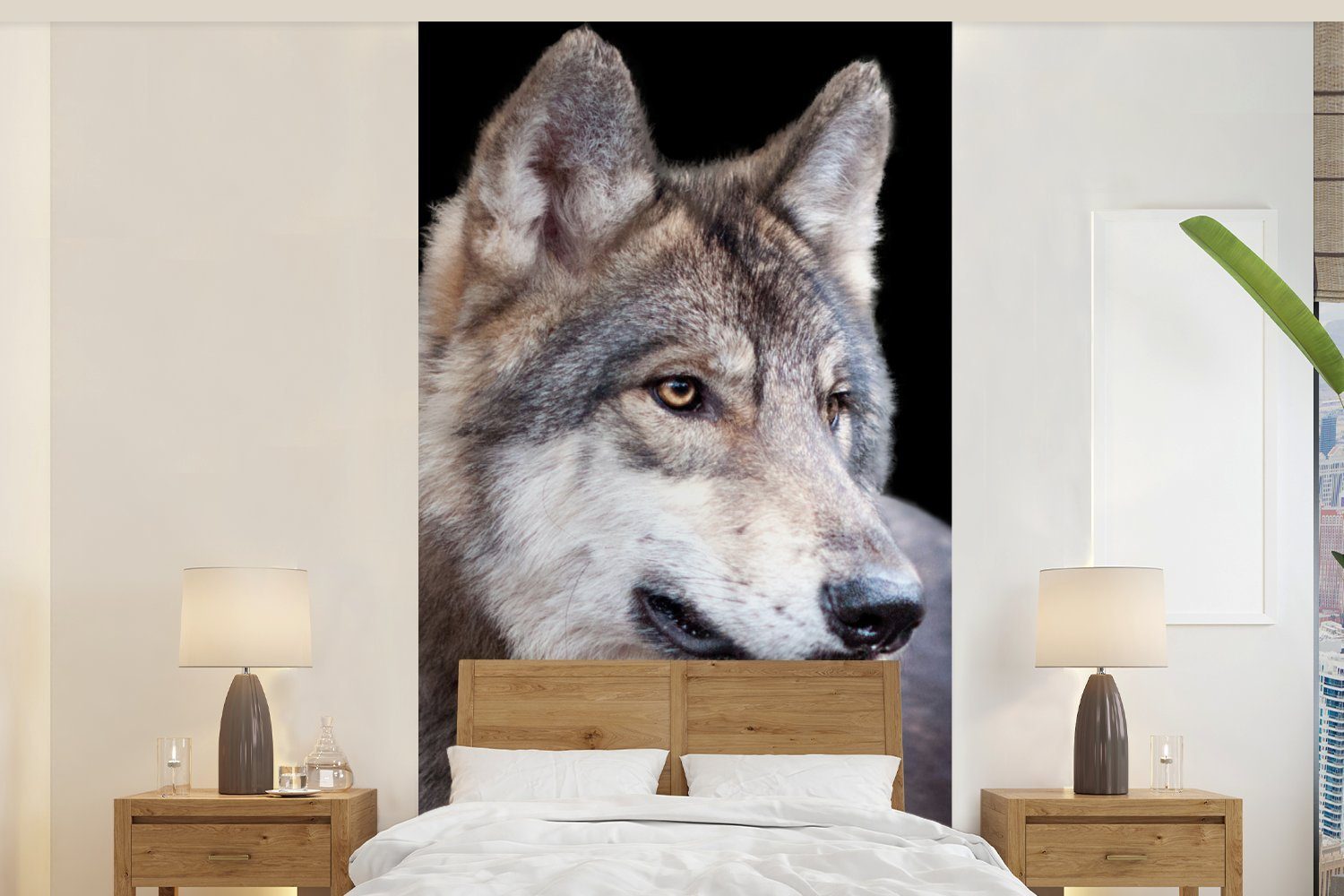 MuchoWow Fototapete Grauer Wildwolf, Matt, bedruckt, (2 St), Vliestapete für Wohnzimmer Schlafzimmer Küche, Fototapete