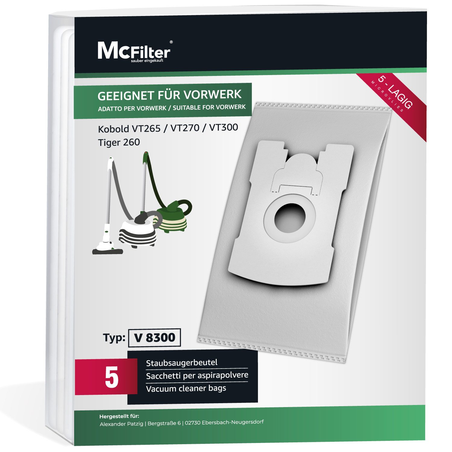 McFilter Staubsaugerbeutel 5 Stück oder 10 Stück, passend für Vorwerk Tiger VT260, Kobold VT265, VT270, VT300, 5 St., Alternative zu FP260