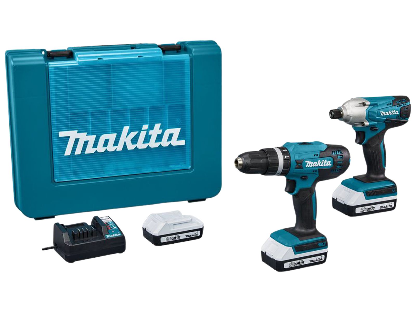 Makita Akku-Schlagschrauber Schlagbohrschrauber + 3 Akkus + Ladegerät Kombiset, (Ladegerät DC18WB, Ударный гайковерт TD127D,Schlagbohrschrauber HP488D, 3 Akkus BL1820G)