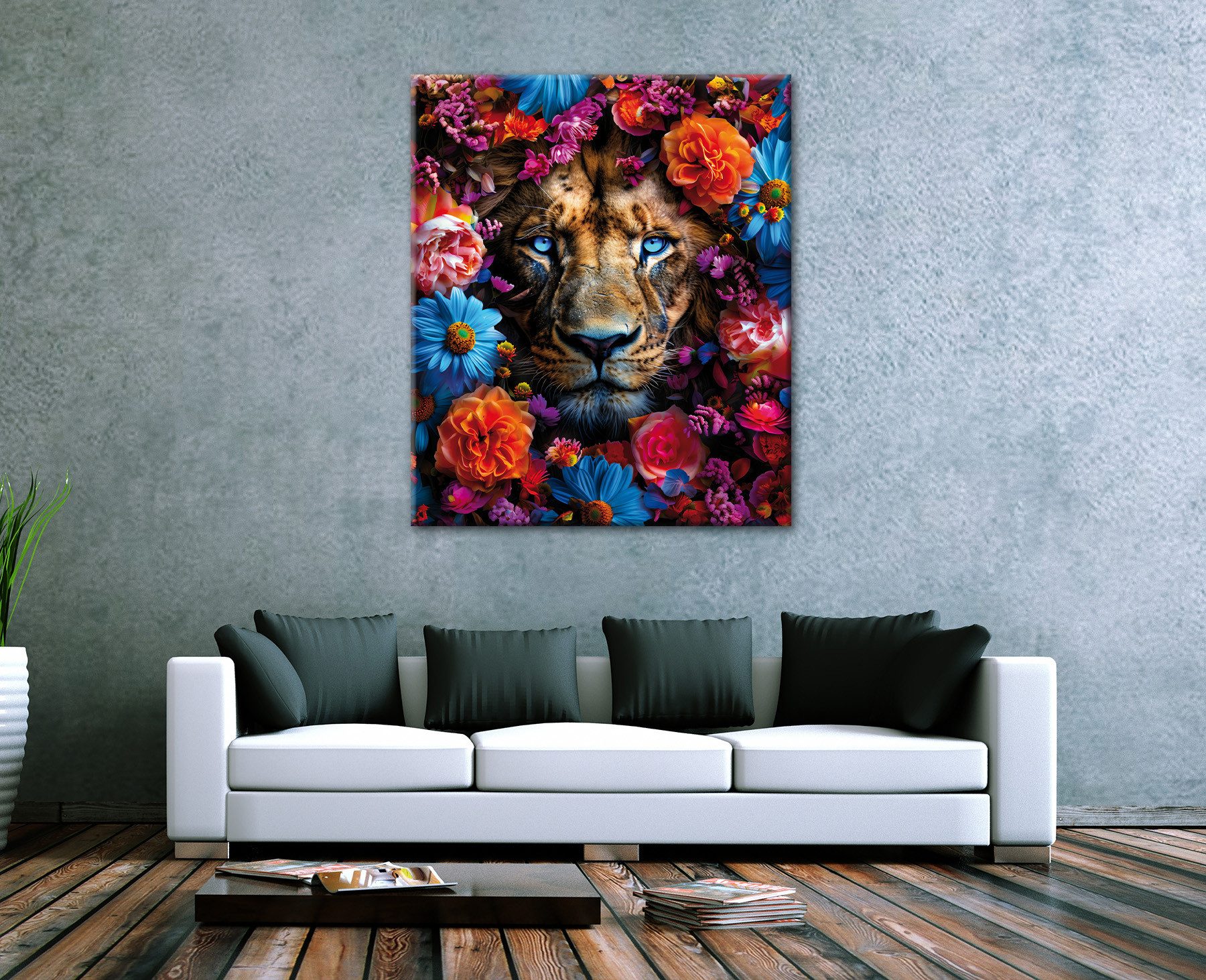 Bönninghoff Leinwandbild Wandbild LÖWE BLUMENKRANZ XXL 118x140 cm – Leinwandbild Keilrahmen, Blumen, Blumenbilder, Kunst, Löwe, Löwen, Pflanzen, Pflanzenbilder, – Bild 4 von 5