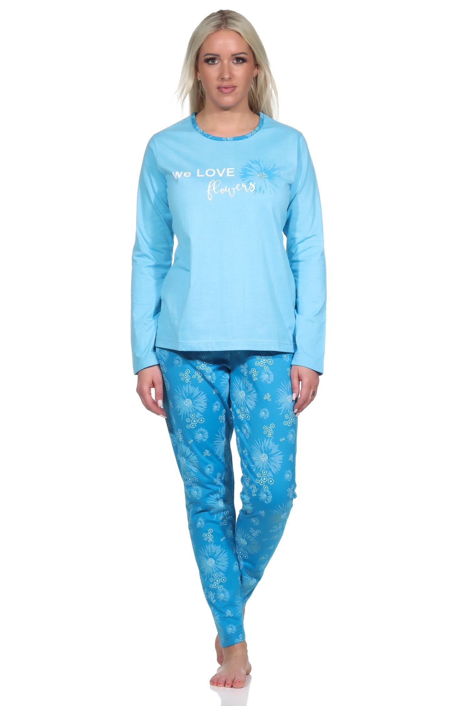 Normann Pyjama Verspielter Damen Pyjama Muster floralem Schlafanzug lang, hellblau mit