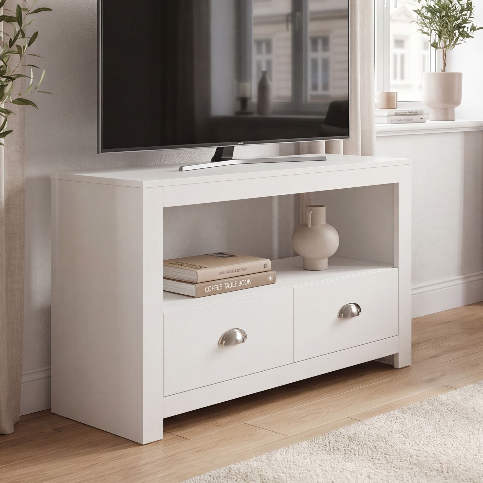 FINEBUY Lowboard FB113949 TV Möbel Weiß 85cm TV Board Fernsehschrank Fernsehkommode (Praktische Aufteilung mit moderner Linienführung), Kompakte Lösung für kleine Wohnbereiche